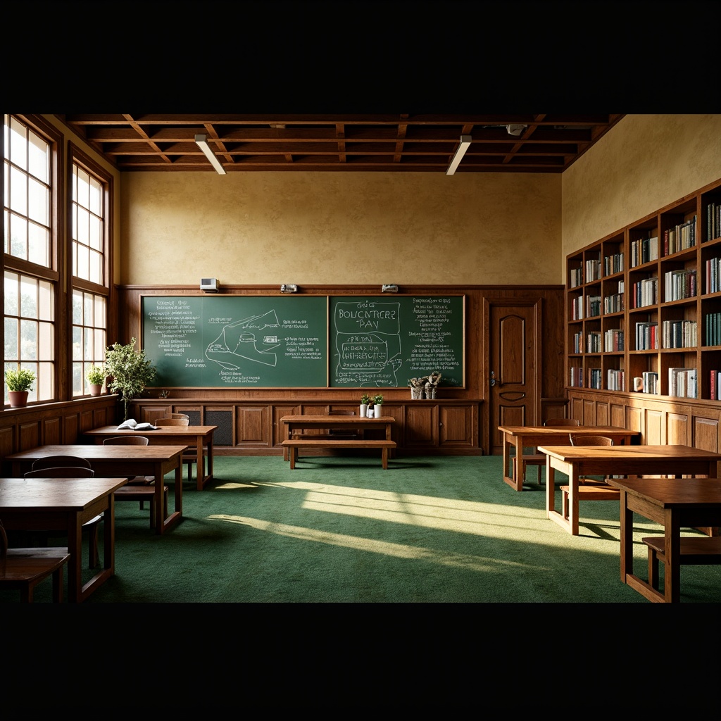 Prompt: Rustic wooden desks, vintage chalkboards, traditional classroom setup, warm beige walls, large windows, natural light, cozy reading nooks, plush green carpets, ornate wooden doors, classic library tables, leather-bound books, wooden bookshelves, soft warm lighting, shallow depth of field, 3/4 composition, panoramic view, realistic textures, ambient occlusion.