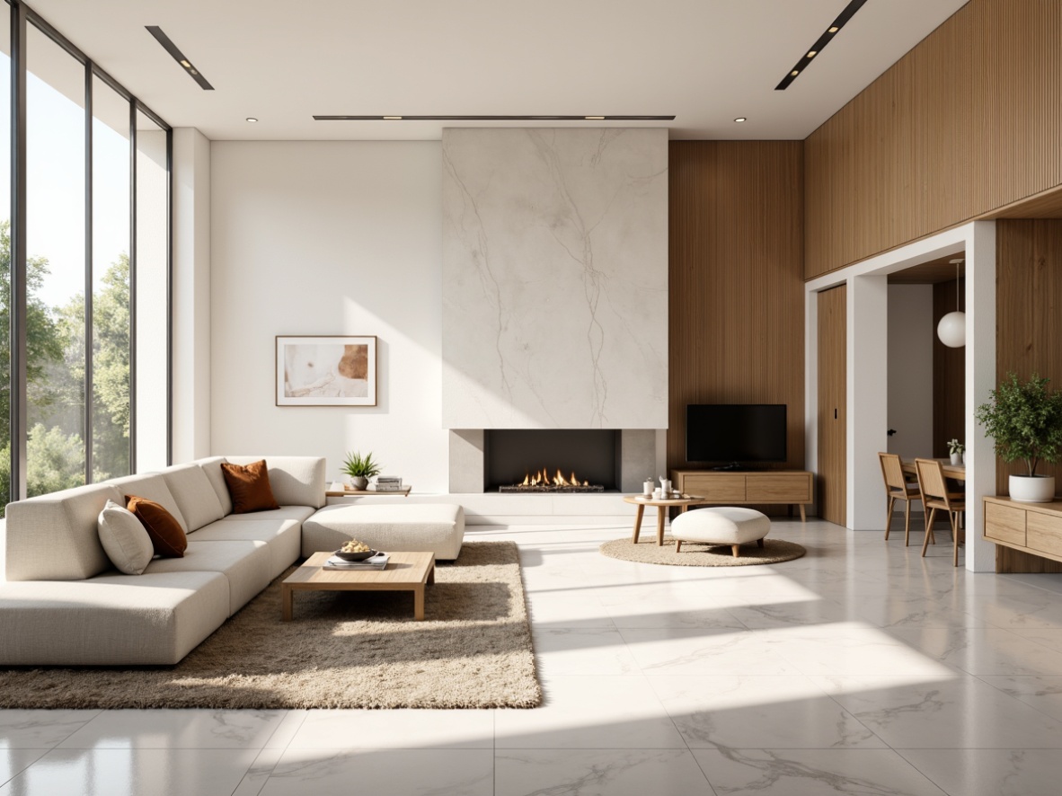 Prompt: Modern living room, sleek furniture, polished marble floors, soft plush carpets, creamy white walls, warm wood accents, minimalist decor, floor-to-ceiling windows, natural light, airy atmosphere, 3/4 composition, shallow depth of field, realistic textures, ambient occlusion.