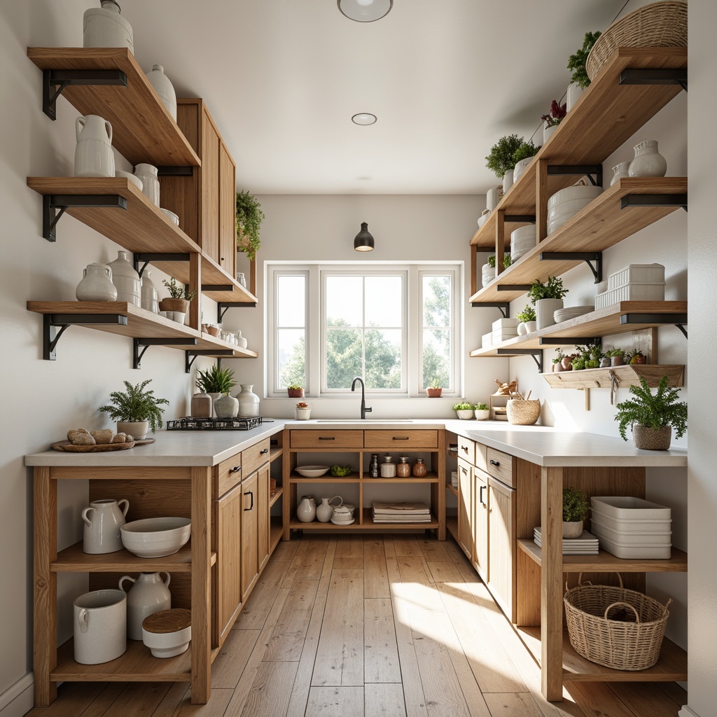 Prompt: Light-filled Scandinavian pantry, open shelving units, natural wood tones, minimalist decor, industrial metal brackets, crisp white walls, sleek hardware, abundant storage, decorative ceramic vases, woven baskets, greenery, potted plants, warm wooden floors, soft morning light, shallow depth of field, 1/1 composition, realistic textures, ambient occlusion.