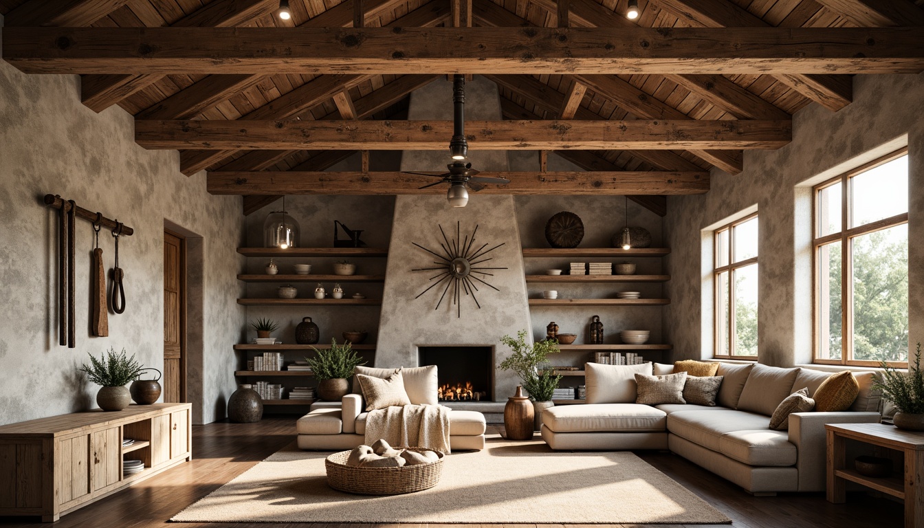 Prompt: Rustic farmhouse interior, exposed wooden beams, distressed wood accents, industrial metal fixtures, vintage farm tools, natural stone walls, earthy color palette, reclaimed barn wood, metal lanterns, pendant lighting, minimalist decor, open concept living space, high ceilings, large windows, soft warm lighting, shallow depth of field, 3/4 composition, realistic textures, ambient occlusion.