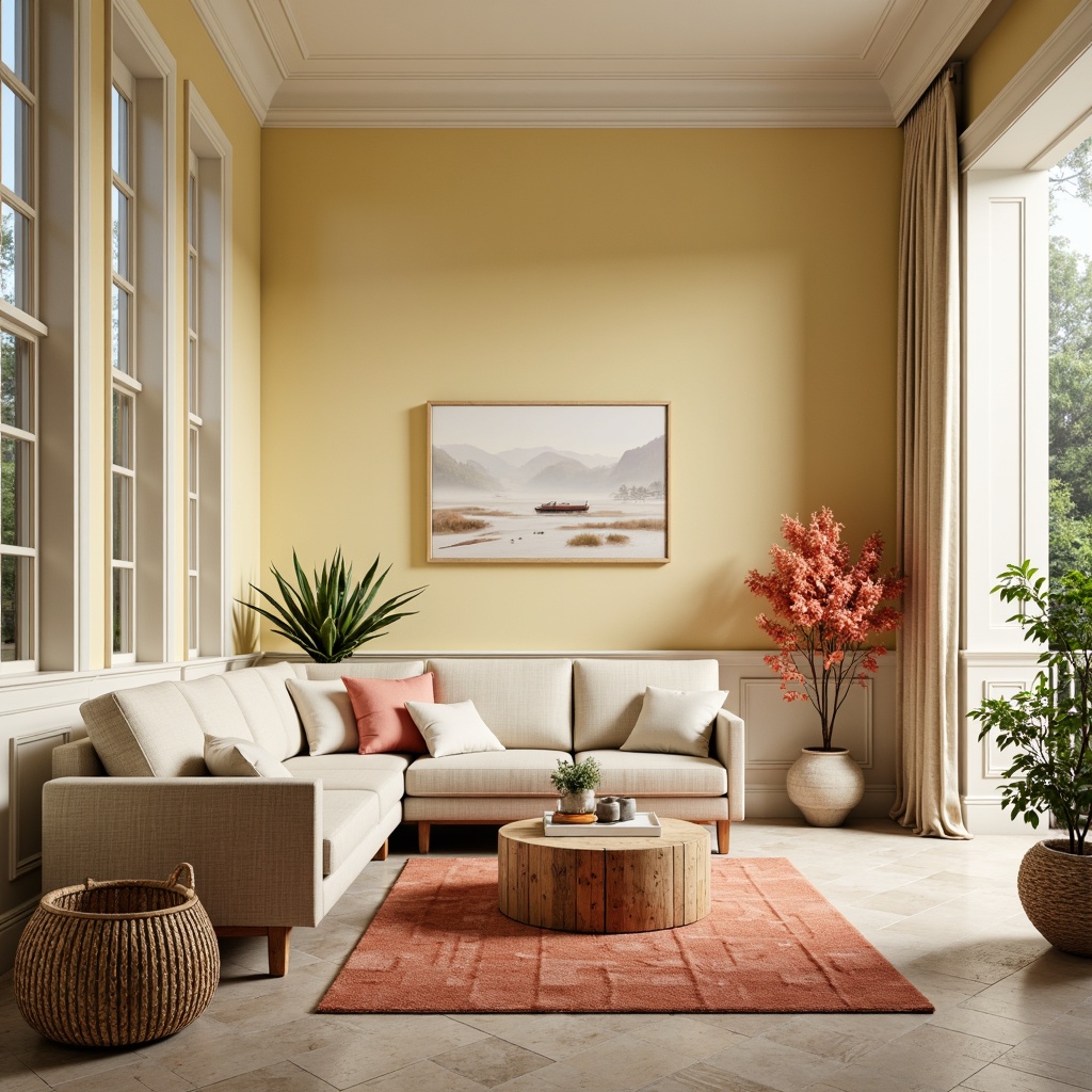 Prompt: Soft light yellow walls, creamy white trim, warm beige furniture, natural wood accents, earthy brown rugs, fresh greenery, bright coral decorative accents, airy open spaces, large windows, soft diffused lighting, 1/1 composition, relaxed atmosphere, subtle texture overlays, gentle color transitions.Please let me know if this meets your requirements!