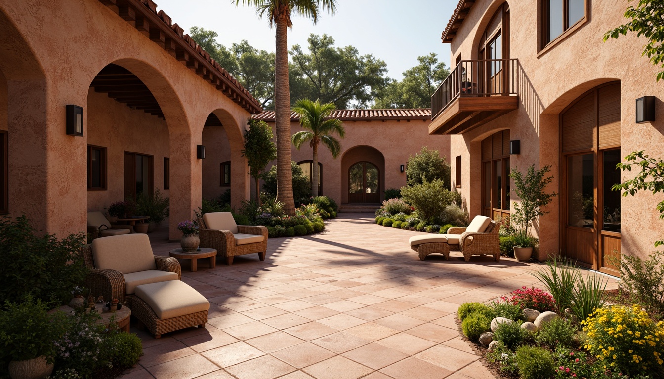 Prompt: Warm terracotta tiles, rustic textures, earthy tones, Mediterranean-inspired architecture, curved lines, ornate details, sun-kissed courtyards, lush greenery, vibrant flowers, natural stone walls, wooden accents, distressed finishes, warm ambient lighting, soft shadows, 3/4 composition, panoramic view, realistic renderings, ambient occlusion.