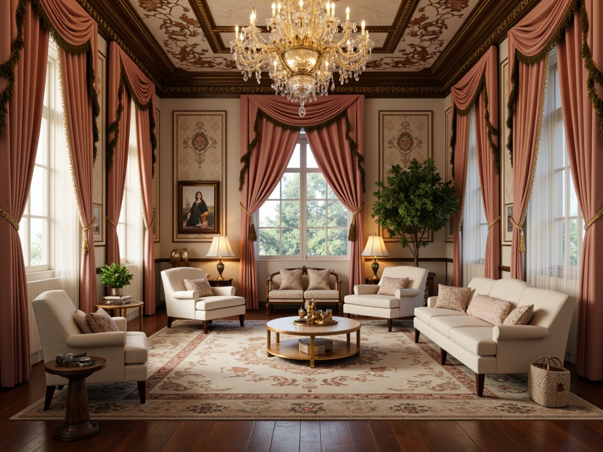 Prompt: Luxurious fabrics, ornate patterns, golden accents, velvet drapes, silk upholstery, lace trimmings, delicate florals, intricate brocades, opulent tassels, lavish fringe, soft pastel hues, elegant curves, shell-shaped motifs, cabriole legs, carved wooden furniture, crystal chandeliers, grandiose scale, dramatic lighting, warm candle glow, intimate cozy spaces.