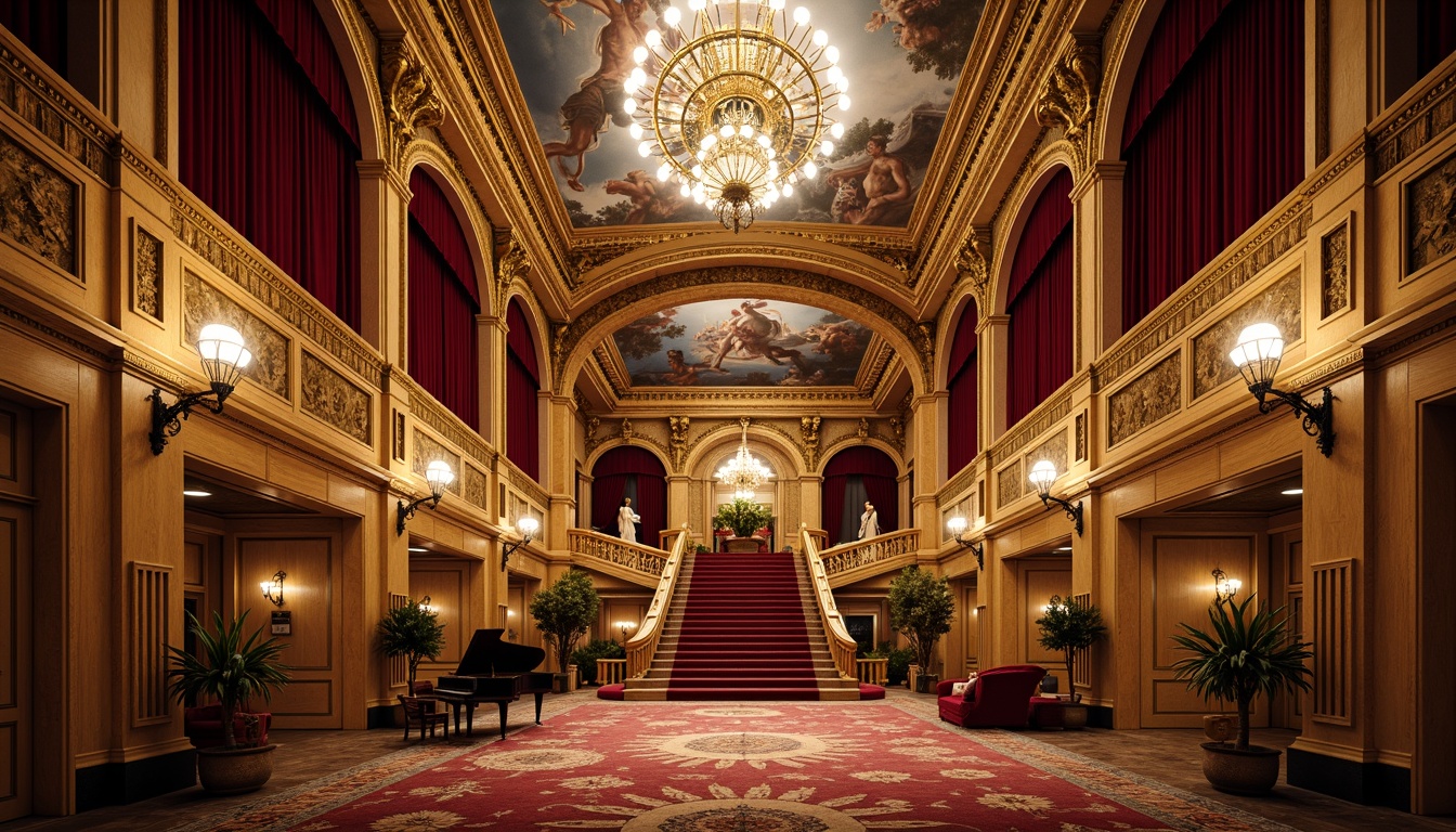 Prompt: Grand opera house interior, ornate chandeliers, gilded moldings, intricate frescoes, velvet curtains, red carpeted stairs, marble columns, crystal sconces, ornamental balconies, golden leaf details, dramatic archways, majestic entrance halls, lavish foyers, sweeping staircases, opulent ceiling murals, richly upholstered seating, classical statues, grand pianos, intricate patterned rugs, warm soft lighting, shallow depth of field, 1/1 composition, realistic textures, ambient occlusion.