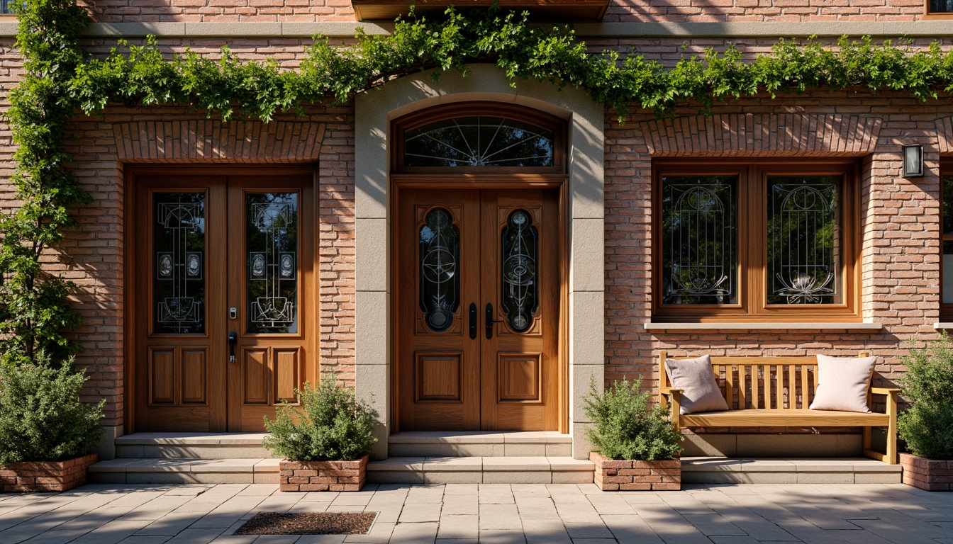 Prompt: Rustic brick walls, ivy-covered facades, wooden accents, natural stone cladding, colorful tile murals, decorative metal screens, ornate wooden doors, vintage window frames, distressed finishes, earthy color palette, cozy atmosphere, soft warm lighting, shallow depth of field, 1/1 composition, realistic textures, ambient occlusion.