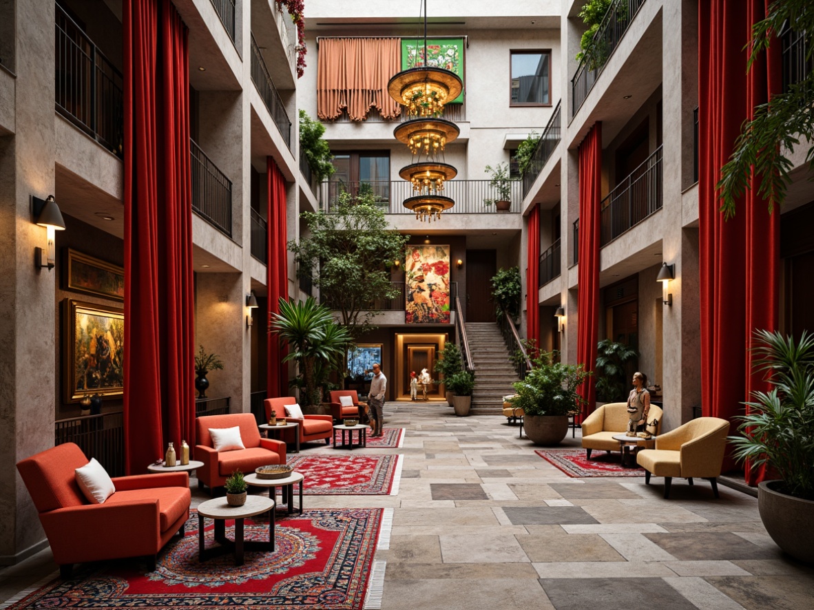 Prompt: Vibrant hotel lobby, eclectic furniture, rich velvet drapes, ornate chandeliers, Moroccan-inspired tiles, colorful rugs, plush armchairs, reclaimed wood accents, distressed metal decorations, whimsical sculptures, abstract artwork, statement lighting fixtures, luxurious fabrics, bold patterned wallpapers, intricate moldings, grand staircase, spacious atrium, lush greenery, natural stone floors, warm atmospheric lighting, shallow depth of field, 1/2 composition, realistic textures, ambient occlusion.