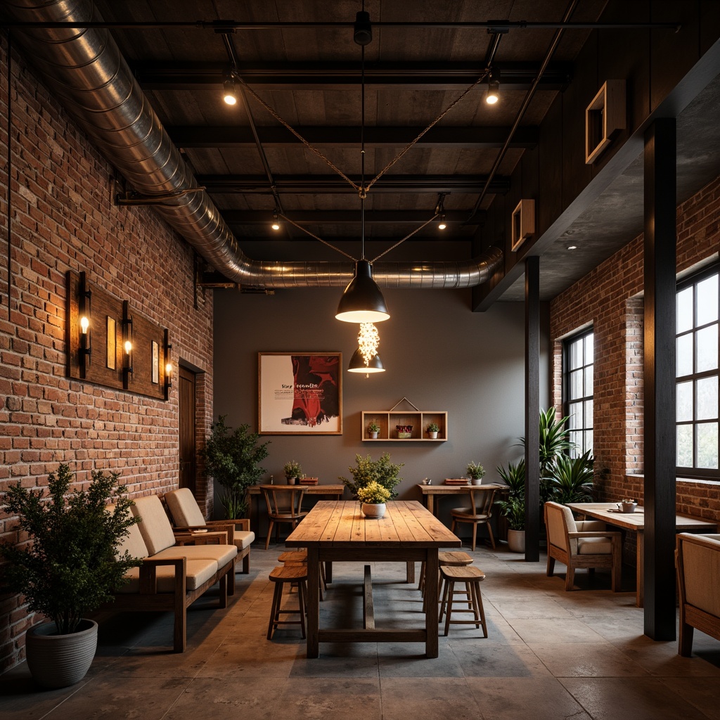 Prompt: Exposed brick walls, metal beams, industrial-chic lighting fixtures, pendant lamps, Edison bulbs, reclaimed wood accents, distressed metal shades, rustic rope details, urban loft atmosphere, high ceilings, concrete floors, modern minimalist decor, functional industrial design, task-oriented lighting, warm ambient glow, dramatic shadowing, 1/1 composition, soft focus, realistic textures.