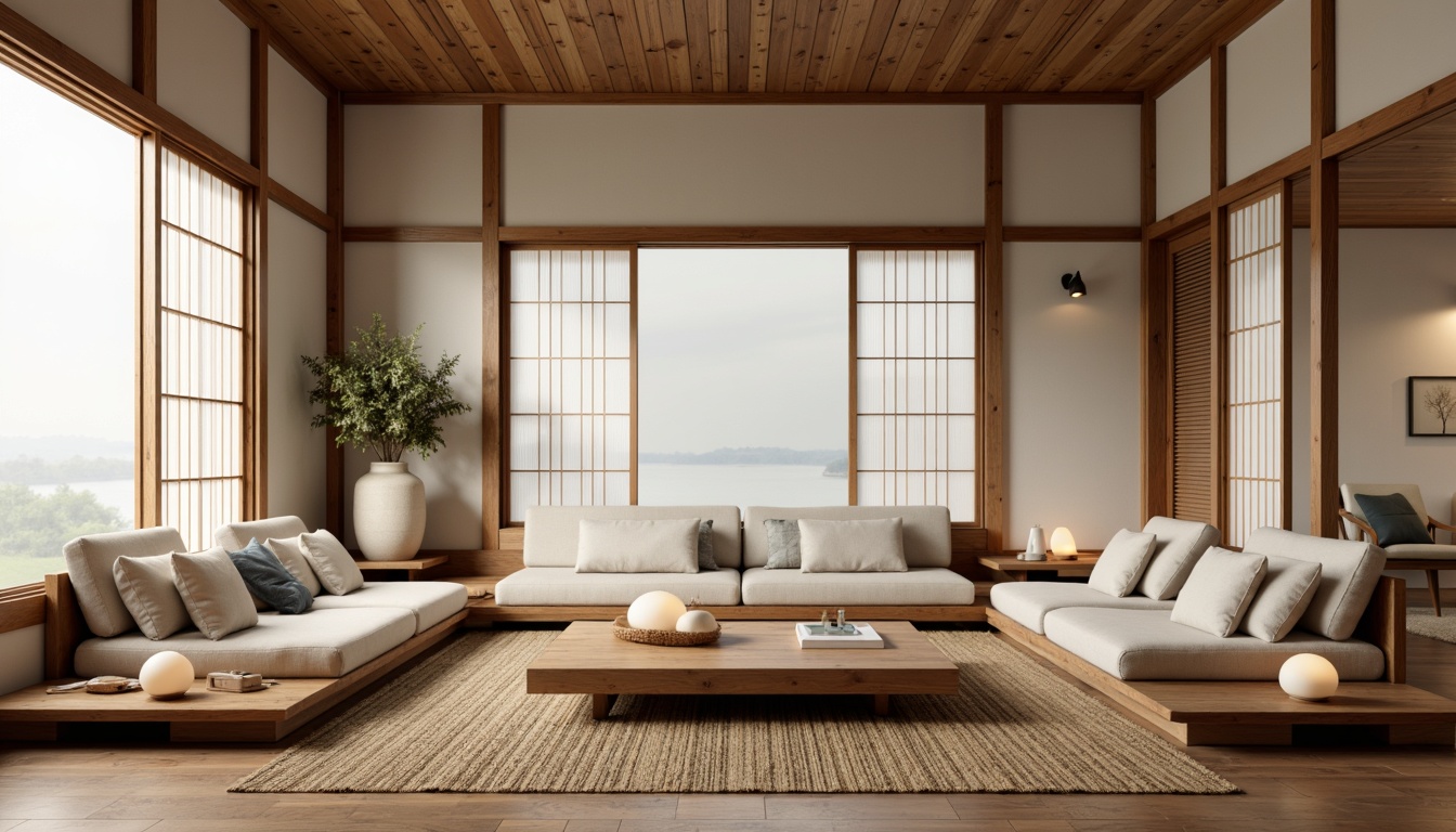 Prompt: Minimalist Asian-inspired interior, low-seating sofas, sleek wooden coffee tables, paper lanterns, natural fiber rugs, bamboo accents, sliding shoji screens, warm neutral color palette, subtle textures, soft diffused lighting, 1/1 composition, shallow depth of field, realistic wood grain, ambient occlusion.