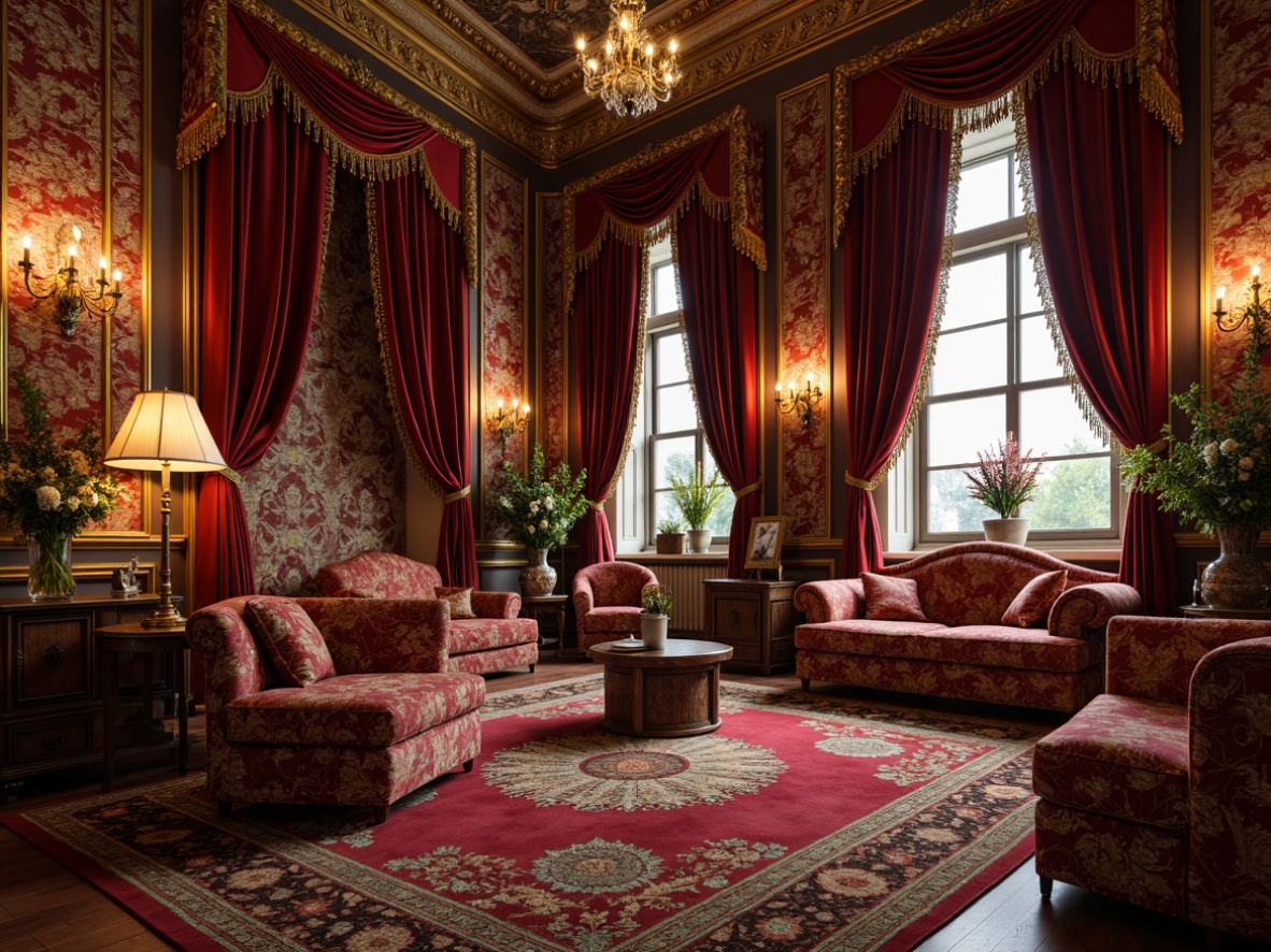 Prompt: Luxurious velvet fabrics, intricate golden embroidery, rich jewel-toned colors, ornate floral patterns, heavy drapery, lavish tassels, sumptuous silk textures, opulent furnishings, grandiose architectural details, dramatic lighting effects, warm candlelit ambiance, Renaissance-inspired motifs, exquisite marble surfaces, antique furniture pieces, majestic throne-like chairs.