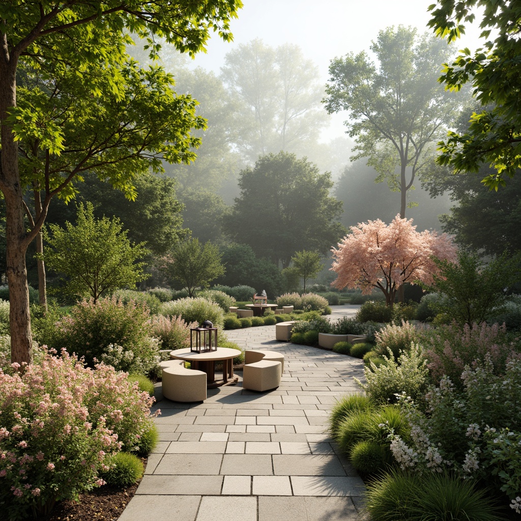 Prompt: Vibrant botanical garden, lush greenery, pastel flower hues, soft peach tones, creamy whites, warm beige accents, natural stone pathways, wooden benches, elegant lanterns, misty morning light, subtle gradient effects, 2.5D composition, atmospheric perspective, realistic textures, ambient occlusion.