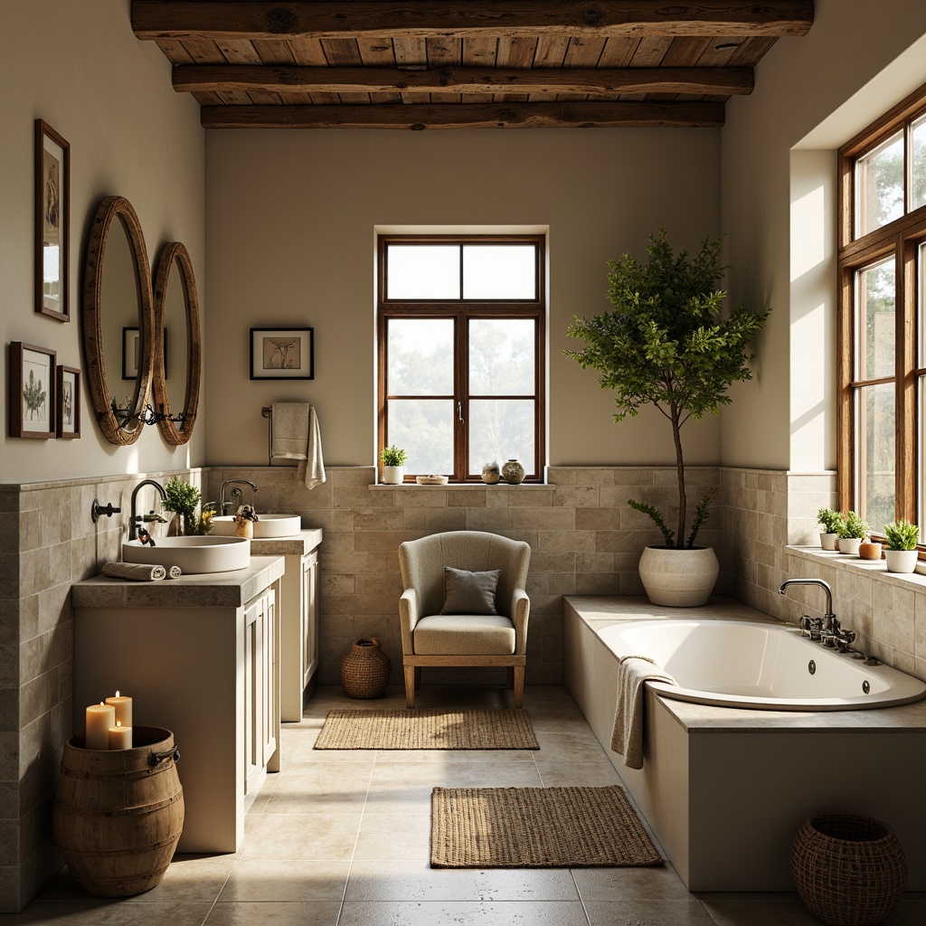 Prompt: Rustic bathroom, earthy tones, weathered wood accents, distressed finishes, warm beige walls, soft sage greenery, vintage metal fixtures, ceramic tiles, natural stone countertops, woven baskets, linen textiles, wooden beams, candlelight ambiance, soft focus, 1/2 composition, shallow depth of field, realistic textures.