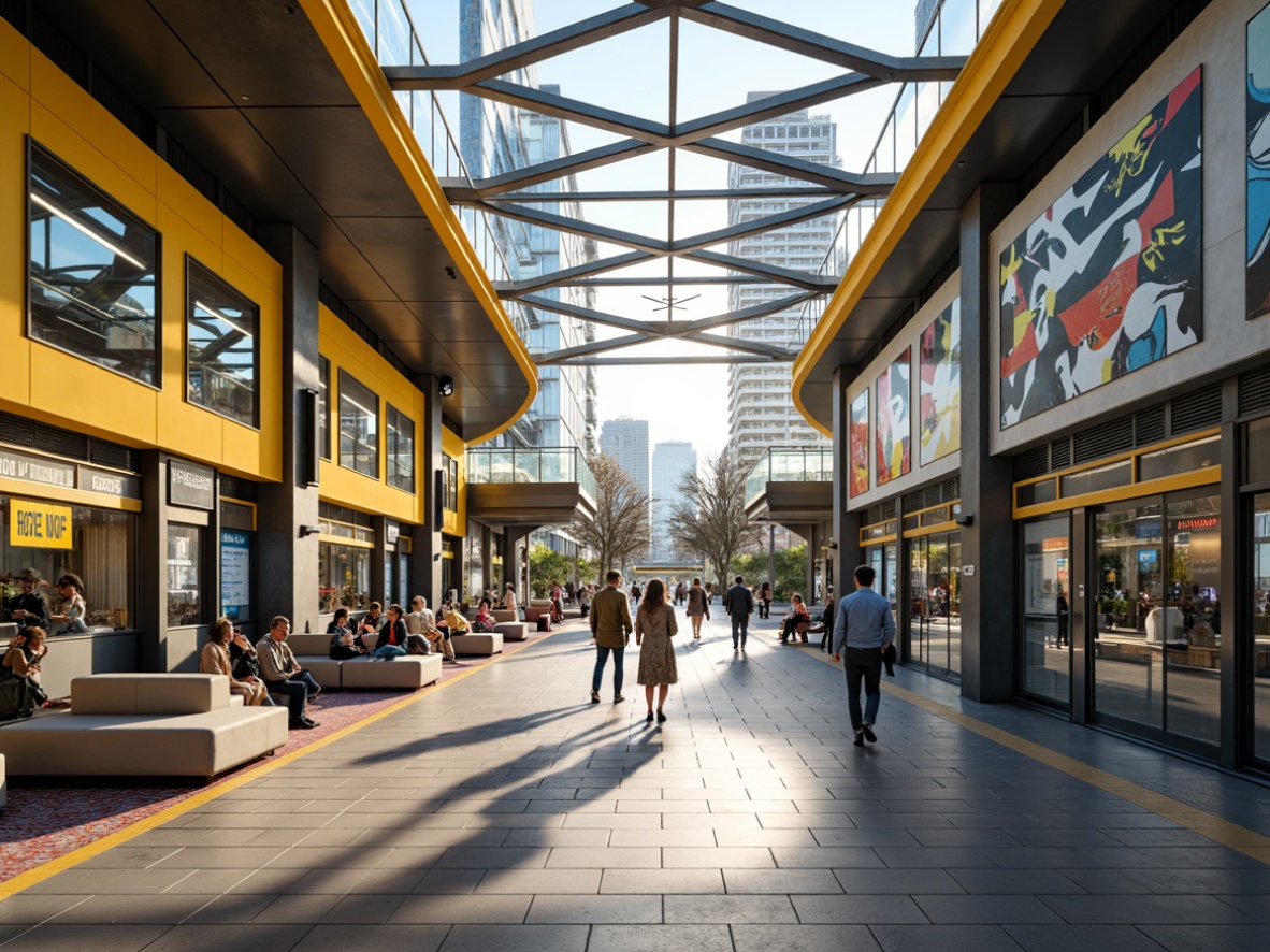 Prompt: Vibrant urban train station, modern metallic structures, bold yellow accents, sleek glass roofs, polished steel columns, dynamic LED lighting, futuristic ticketing systems, comfortable waiting areas, colorful abstract murals, geometric patterned floors, natural stone walls, bustling city atmosphere, warm afternoon sunlight, shallow depth of field, 1/1 composition, realistic reflections.