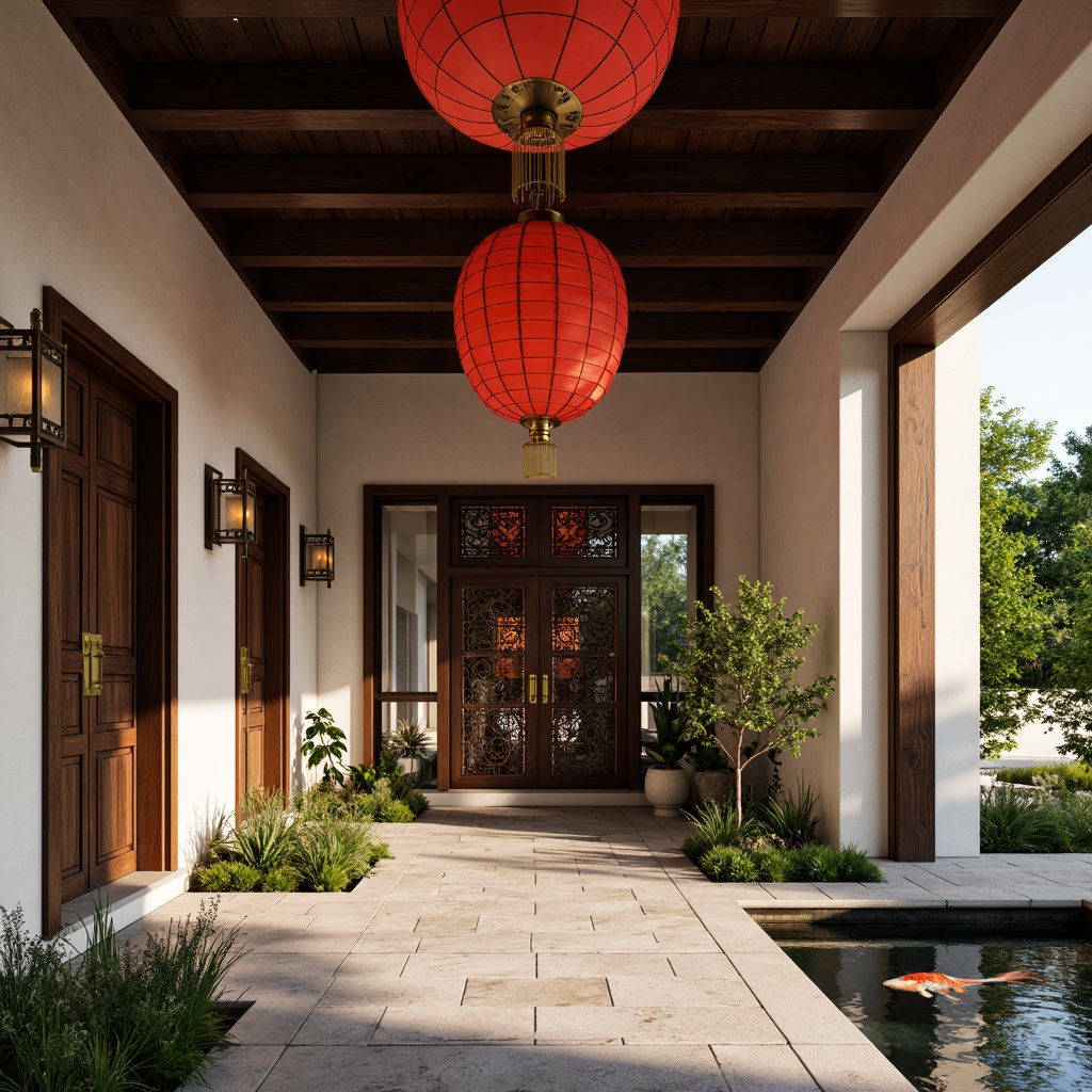 Prompt: Vibrant red lanterns, intricately carved wooden doors, majestic bronze hardware, ornate golden accents, bold black outlines, serene natural stone floors, lush greenery, tranquil water features, peaceful koi ponds, subtle cream-colored walls, warm beige tones, soft diffused lighting, shallow depth of field, 1/2 composition, intimate close-up shots, realistic textures, ambient occlusion.