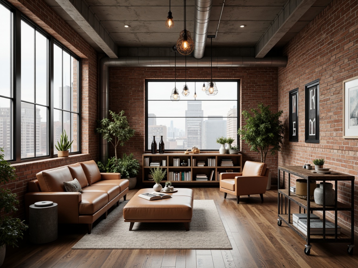 Prompt: Exposed brick walls, industrial metal beams, reclaimed wood flooring, minimalist decor, functional lighting fixtures, urban cityscape views, neutral color palette, distressed leather furniture, vintage factory carts, metal grid shelving, eclectic decorative accents, modern art pieces, concrete ceilings, industrial-chic chandeliers, cozy reading nooks, natural textiles, abstract geometric patterns, warm atmospheric lighting, 1/1 composition, realistic textures, subtle ambient occlusion.