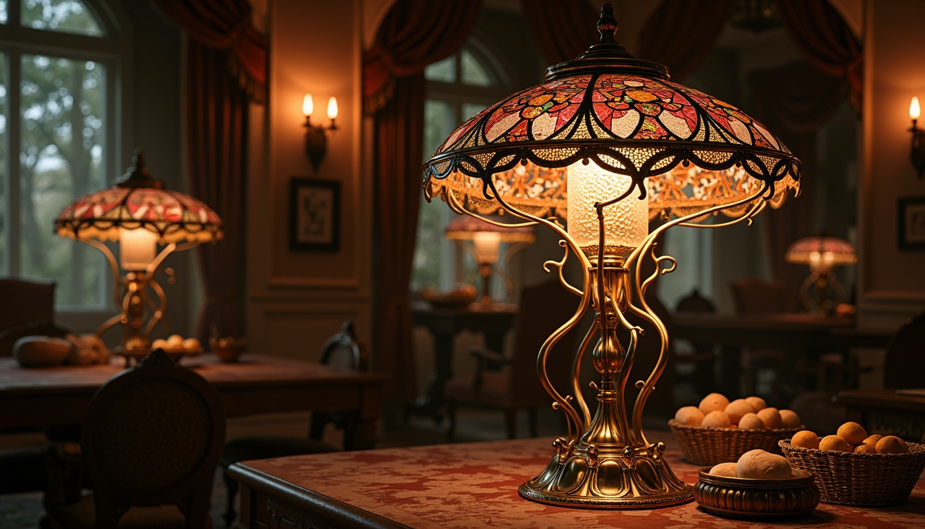 Prompt: Elegant Art Nouveau lamp, flowing organic lines, sinuous metalwork, ornate glass shades, iridescent colors, intricate floral patterns, luxurious velvet fabrics, golden accents, ornamental details, curvilinear forms, whimsical shapes, warm soft lighting, atmospheric ambiance, dramatic shadows, 1/2 composition, realistic textures, ambient occlusion.