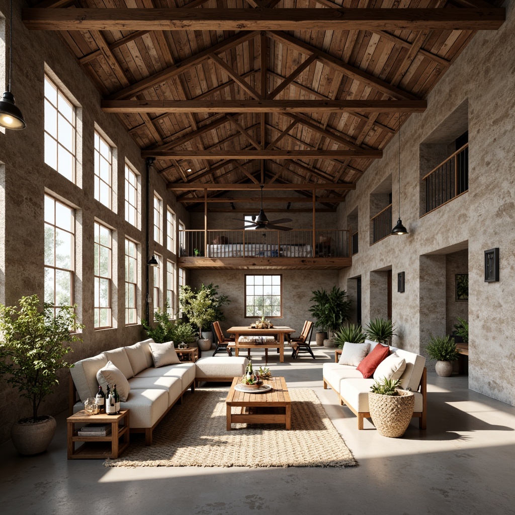 Prompt: Rustic barn, vintage farmhouse, industrial chic, distressed wood accents, exposed brick walls, metal beams, reclaimed wooden planks, earthy tones, muted shades, warm beige, soft gray, weathered brown, creamy whites, pops of rich blue, rusty red, natural textiles, woven baskets, potted greenery, pendant lighting, metal lanterns, modern industrial fixtures, airy open spaces, lofty ceilings, abundant natural light, subtle shadowing, 3/4 composition, realistic textures.