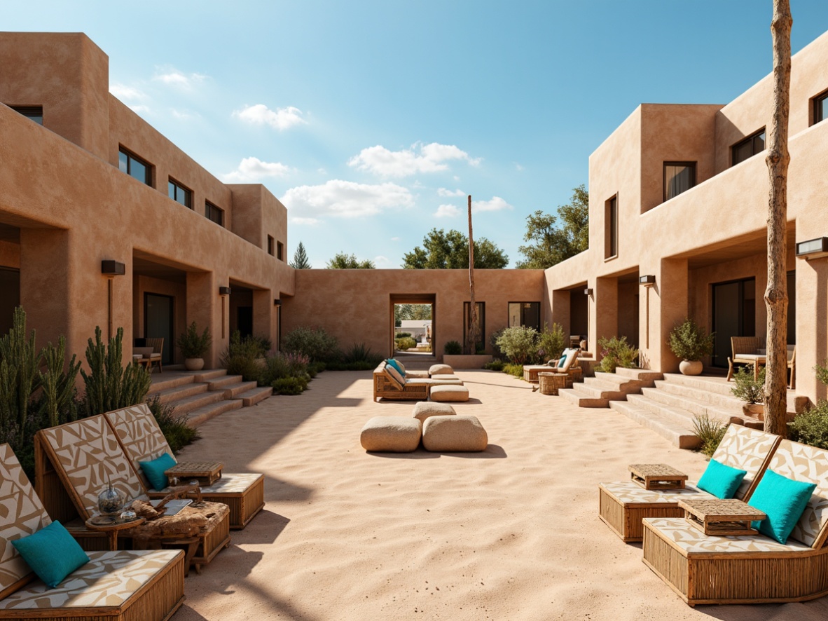 Prompt: Earth-toned adobe buildings, rustic wooden accents, natural stone walls, woven wicker furniture, vibrant turquoise decorations, geometric patterned textiles, sandy desert landscape, cacti plants, clear blue sky, warm sunny day, soft gentle lighting, shallow depth of field, 3/4 composition, panoramic view, realistic earthy textures, ambient occlusion, organic shapes, curved lines, minimalist decor, earth-friendly materials, sustainable design elements.