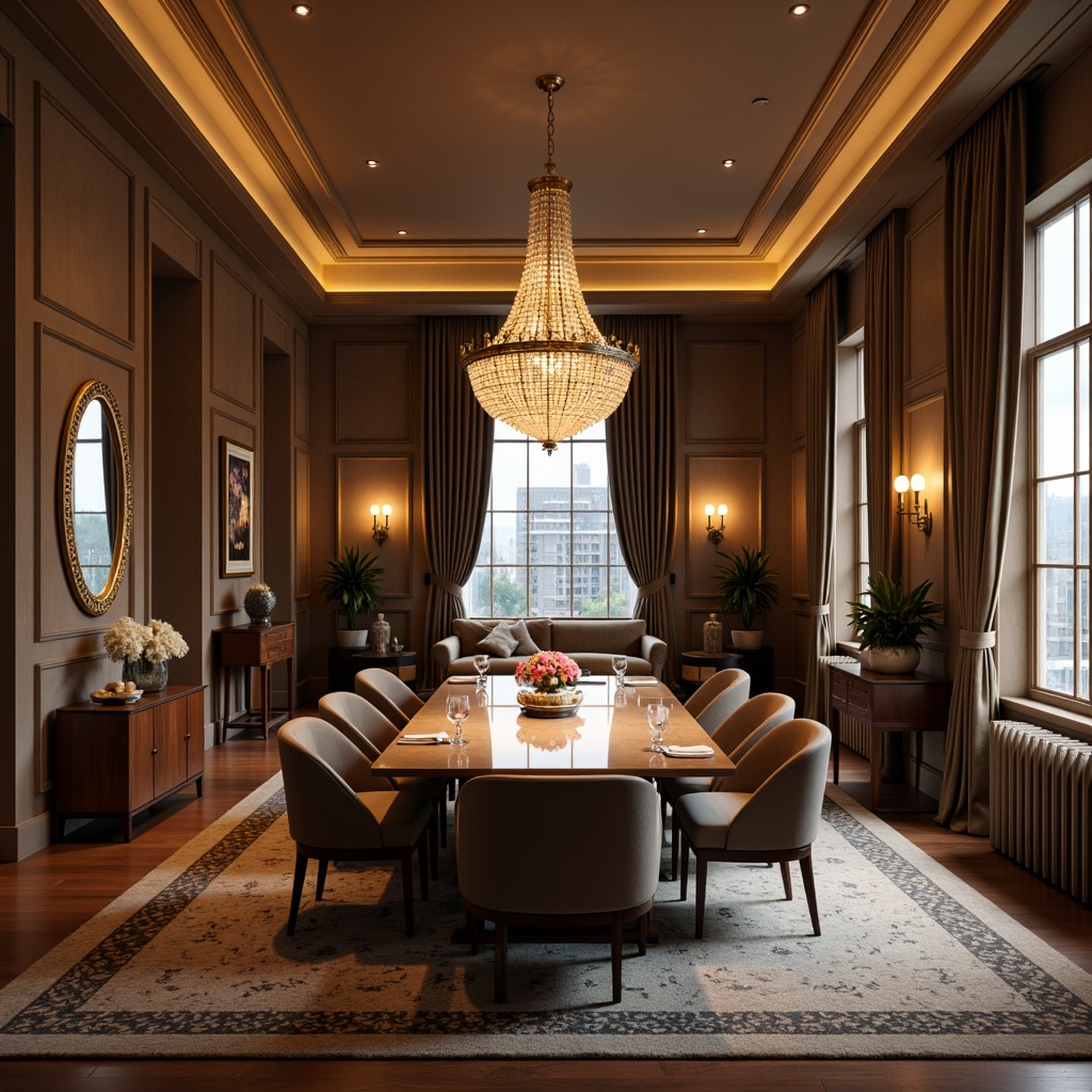 Prompt: Elegant dining room, crystal chandelier, pendant lighting, recessed ceiling lights, floor lamps, candlelight, ambient glow, luxurious fabrics, rich wood tones, ornate mirrors, fine artwork, plush area rugs, intimate seating arrangement, soft warm colors, sophisticated decor, modern minimalist style, high ceiling, large windows, natural daylight, gentle shadows, 1/1 composition, realistic reflections, subtle color grading.