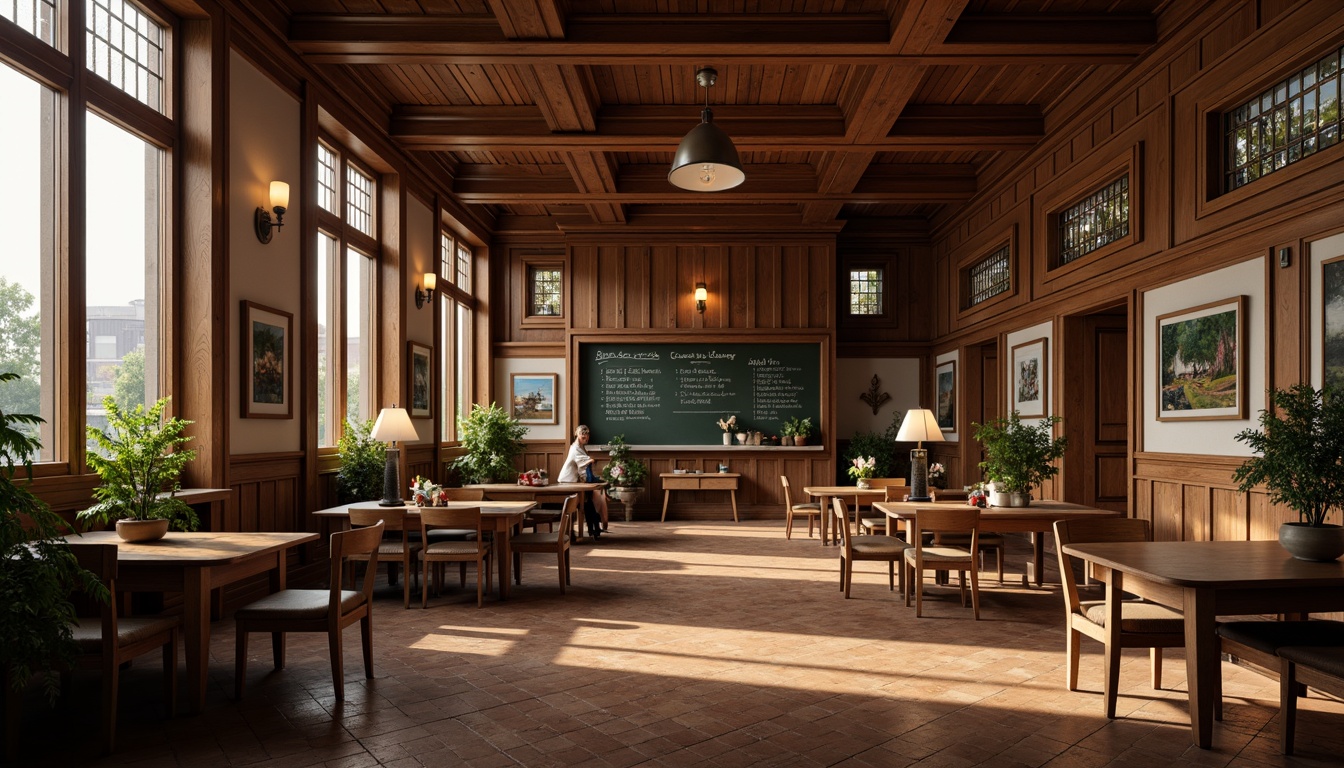 Prompt: Warm traditional school interior, rich wood tones, ornate moldings, classic chalkboard, vintage furniture, soft warm lighting, table lamps, floor lamps, pendant lights, natural daylight, large windows, stained glass accents, cozy reading nooks, comfortable seating areas, earthy color palette, inviting atmosphere, relaxed learning environment, subtle texture variations, realistic material details, shallow depth of field, 1/1 composition, intimate mood lighting.