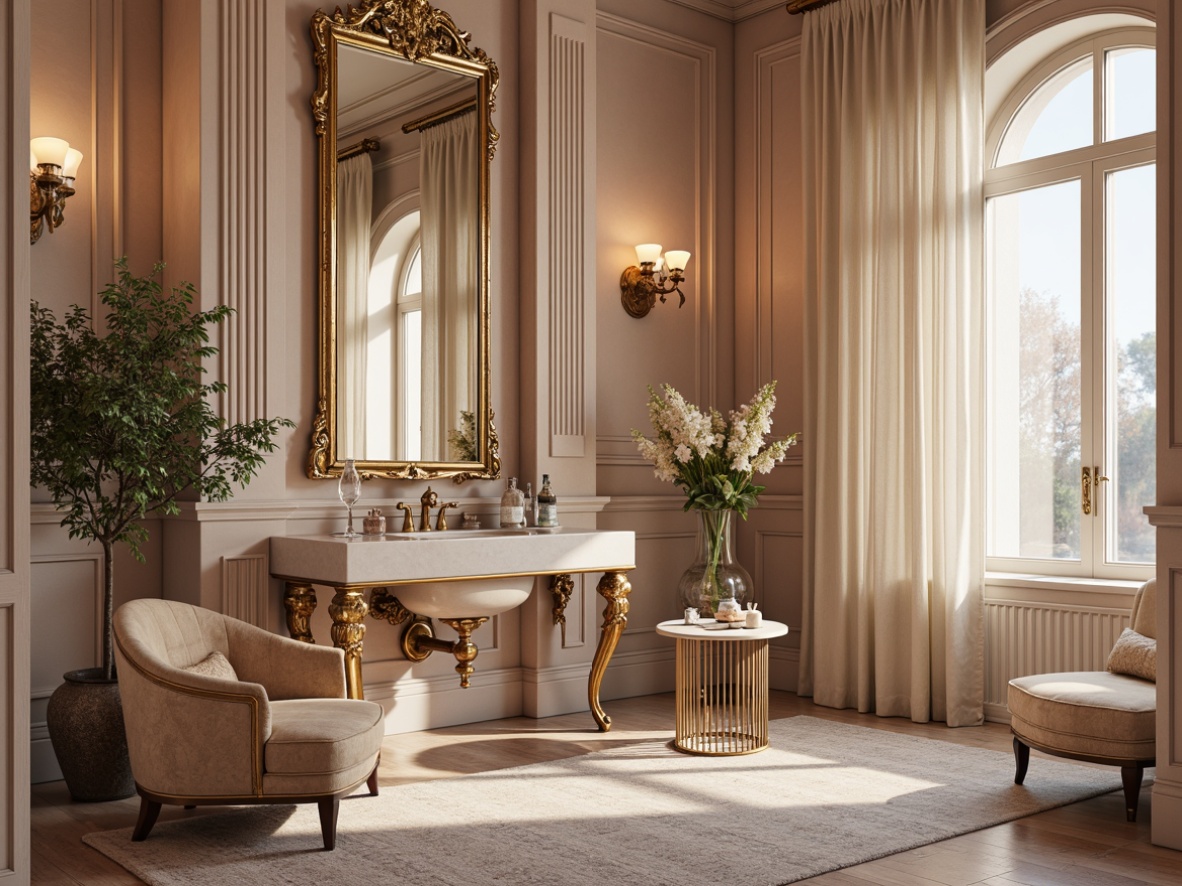 Prompt: Elegant powder room, ornate mirrors, lavish furnishings, soft pastel hues, delicate florals, intricate metalwork, opulent velvet fabrics, subtle sheen finishes, warm golden lighting, 1/2 composition, intimate atmosphere, rich textures, ornamental details, flowing organic shapes, sophisticated color harmony.