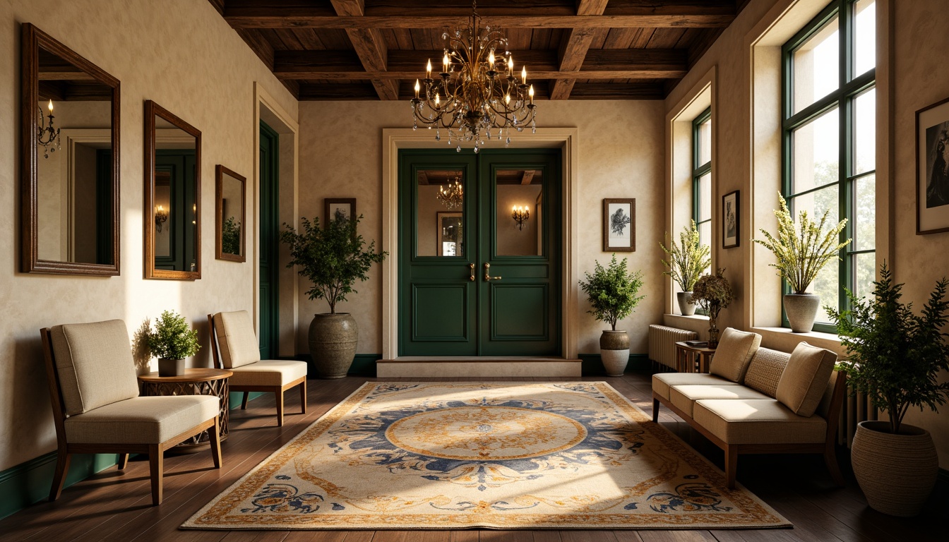 Prompt: Rich mudroom interior, warm beige walls, luxurious wooden floors, ornate metalwork, vintage-inspired furniture, bold geometric patterns, rich jewel-toned accents, emerald green, navy blue, amber yellow, creamy whites, soft gold lighting, dramatic shadows, 1/2 composition, cinematic perspective, ornate mirrors, metallic sheen, opulent textiles, lavish decorations.