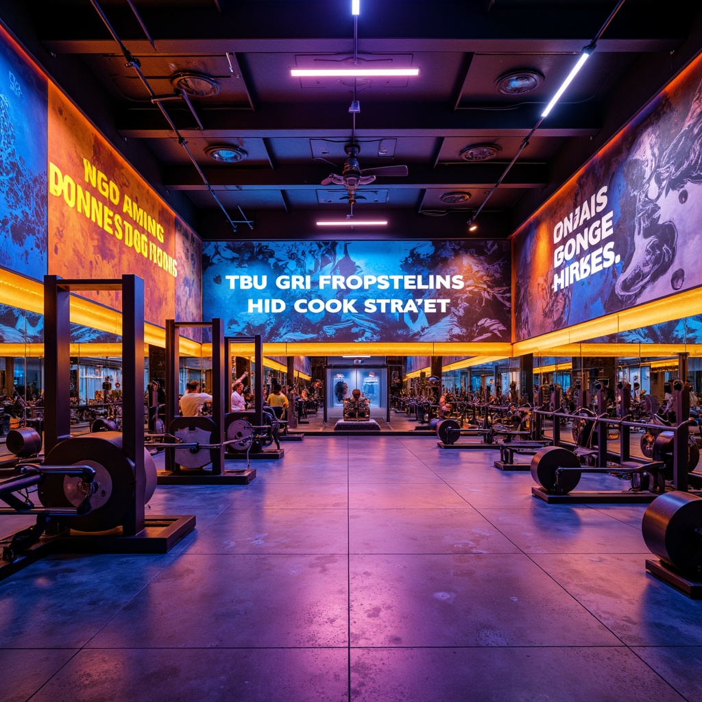 Prompt: Vibrant fitness studio, energetic atmosphere, bold color scheme, motivational quotes, sleek equipment, rubber flooring, mirrored walls, modern LED lighting, high ceilings, urban loft design, reclaimed wood accents, dynamic abstract patterns, neon hues, intense blue tones, fiery orange shades, electric yellow highlights, warm beige backgrounds, natural textures, industrial chic decor, athletic-inspired graphics, futuristic ambiance, 3/4 composition, shallow depth of field, realistic renderings.