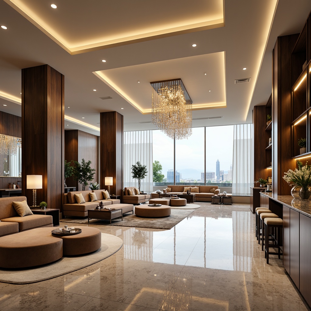 Prompt: Elegant modern interior, polished marble floors, luxurious velvet sofas, metallic accents, crystal chandeliers, soft warm lighting, textured walls, natural wood tones, minimalist decor, spacious open layout, floor-to-ceiling windows, cityscape views, urban chic atmosphere, sleek cabinetry, quartz countertops, high-gloss finishes, sophisticated color palette, airy ambiance, 1/1 composition, shallow depth of field, realistic reflections.