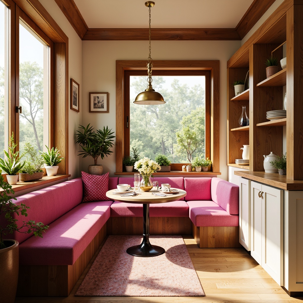 Prompt: Vibrant fuchsia breakfast nook, warm beige walls, rich wood tones, creamy white cabinetry, soft golden lighting, playful polka dot patterns, whimsical floral accents, natural stone countertops, delicate glass pendant lights, cozy plush seating, lush greenery, bright sunny morning, shallow depth of field, 1/1 composition, realistic textures, ambient occlusion.