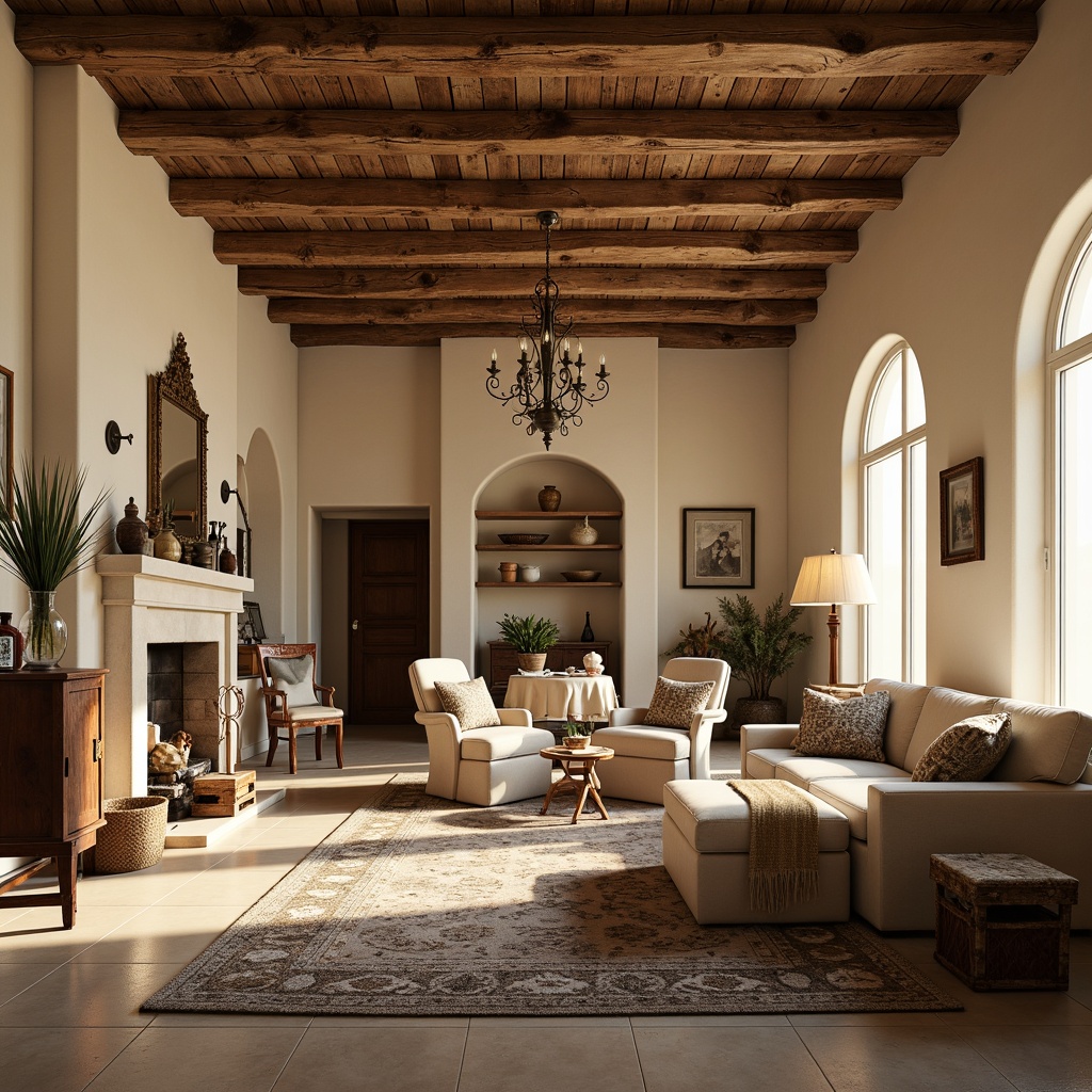 Prompt: Cozy family room, rustic wooden beams, soft cream walls, distressed furniture, vintage decorative items, warm beige floors, plush area rugs, elegant chandeliers, ornate mirrors, natural stone fireplace, comfortable sectional sofas, rich velvet fabrics, earthy color palette, subtle texture variations, warm golden lighting, shallow depth of field, 1/2 composition, intimate atmosphere.