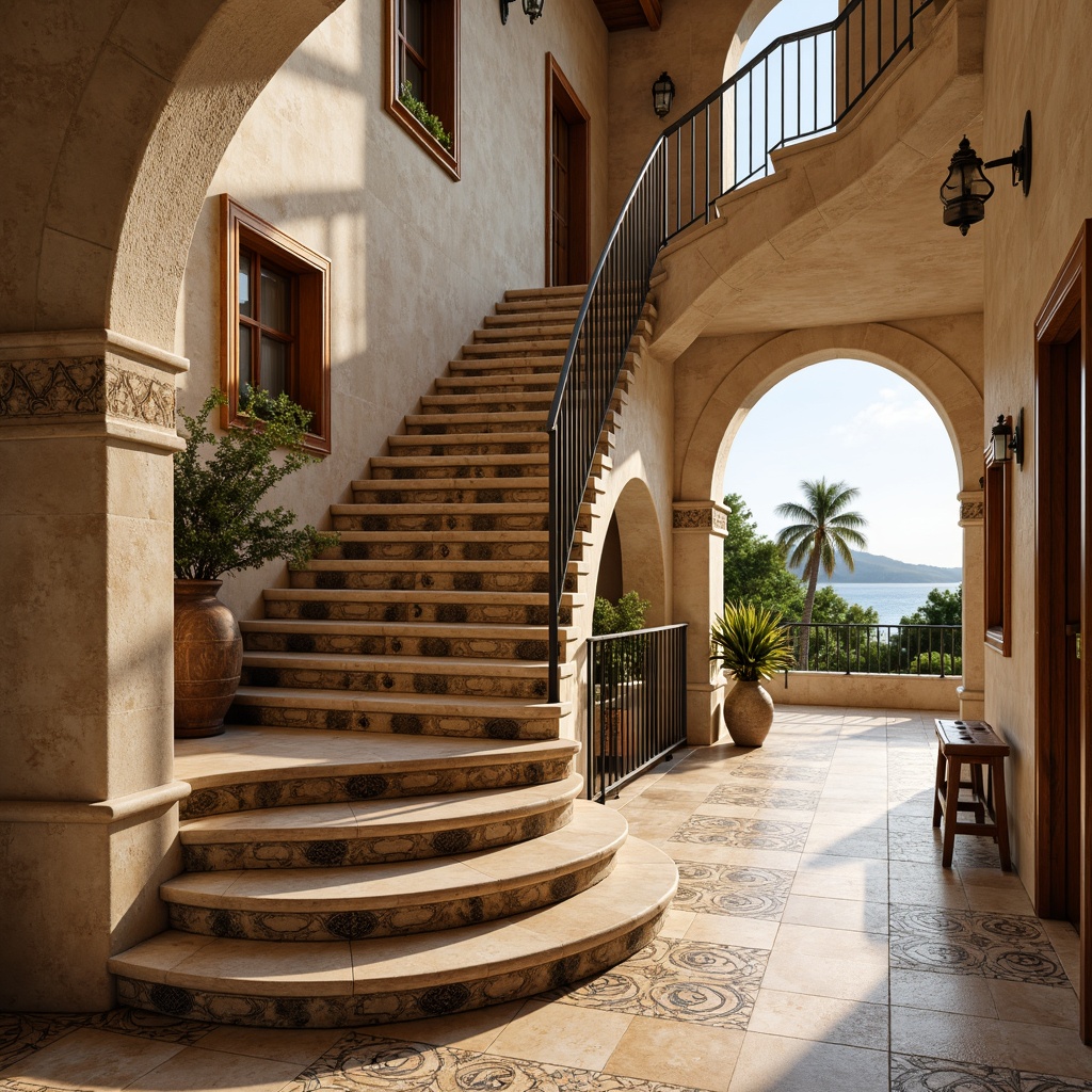 Prompt: Majestic Mediterranean staircase, elegant tile patterns, warm beige marble, intricate mosaics, ornate iron railings, grand curved steps, rustic stone walls, arched windows, soft warm lighting, shallow depth of field, 1/1 composition, realistic textures, ambient occlusion, luxurious villa setting, tranquil ocean views, serene courtyard ambiance.