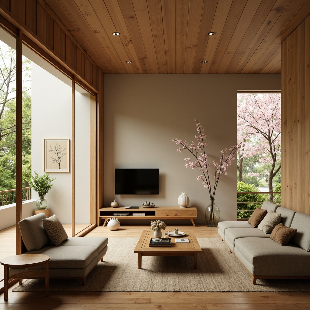 Prompt: Minimalist Japanese-inspired living room, low-seating sofas, wooden coffee tables, paper lanterns, shoji screens, natural fiber rugs, subtle cherry blossom patterns, warm beige walls, sliding glass doors, lush greenery views, soft diffused lighting, 1/2 composition, realistic wood textures, ambient occlusion.