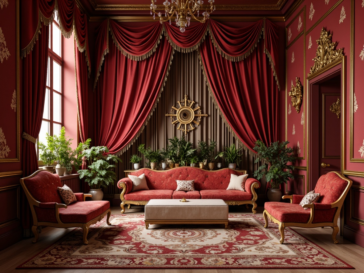 Prompt: Rich velvet fabrics, intricate gold embroidery, ornate patterns, luxurious silk drapes, heavy tassel trims, plush pile rugs, metallic thread accents, jewel-toned colors, sumptuous upholstery, regal crimson hues, opulent cream tones, lavish golden frames, delicate lace details, soft warm lighting, shallow depth of field, 3/4 composition, realistic textures, ambient occlusion.