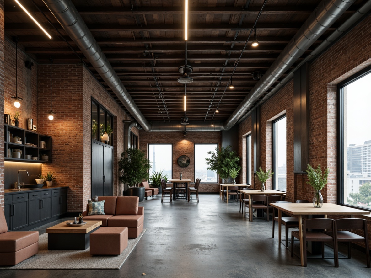 Prompt: Exposed brick walls, metallic beams, reclaimed wood accents, industrial-style lighting fixtures, concrete floors, urban cityscape views, modern minimalist decor, functional pipes and ducts, distressed finishes, edgy architectural lines, neutral color palette, gritty textures, moody atmospheric lighting, shallow depth of field, 1/2 composition, cinematic mood, realistic details.