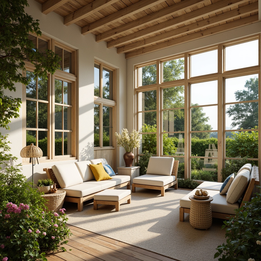 Prompt: Cozy sunroom, warm natural light, bright airy atmosphere, lush greenery, vibrant flowers, wooden accents, rattan furniture, soft cushions, calming pastel colors, creamy whites, soothing blues, warm beiges, natural stone walls, large windows, glass doors, panoramic view, shallow depth of field, 3/4 composition, realistic textures, ambient occlusion.