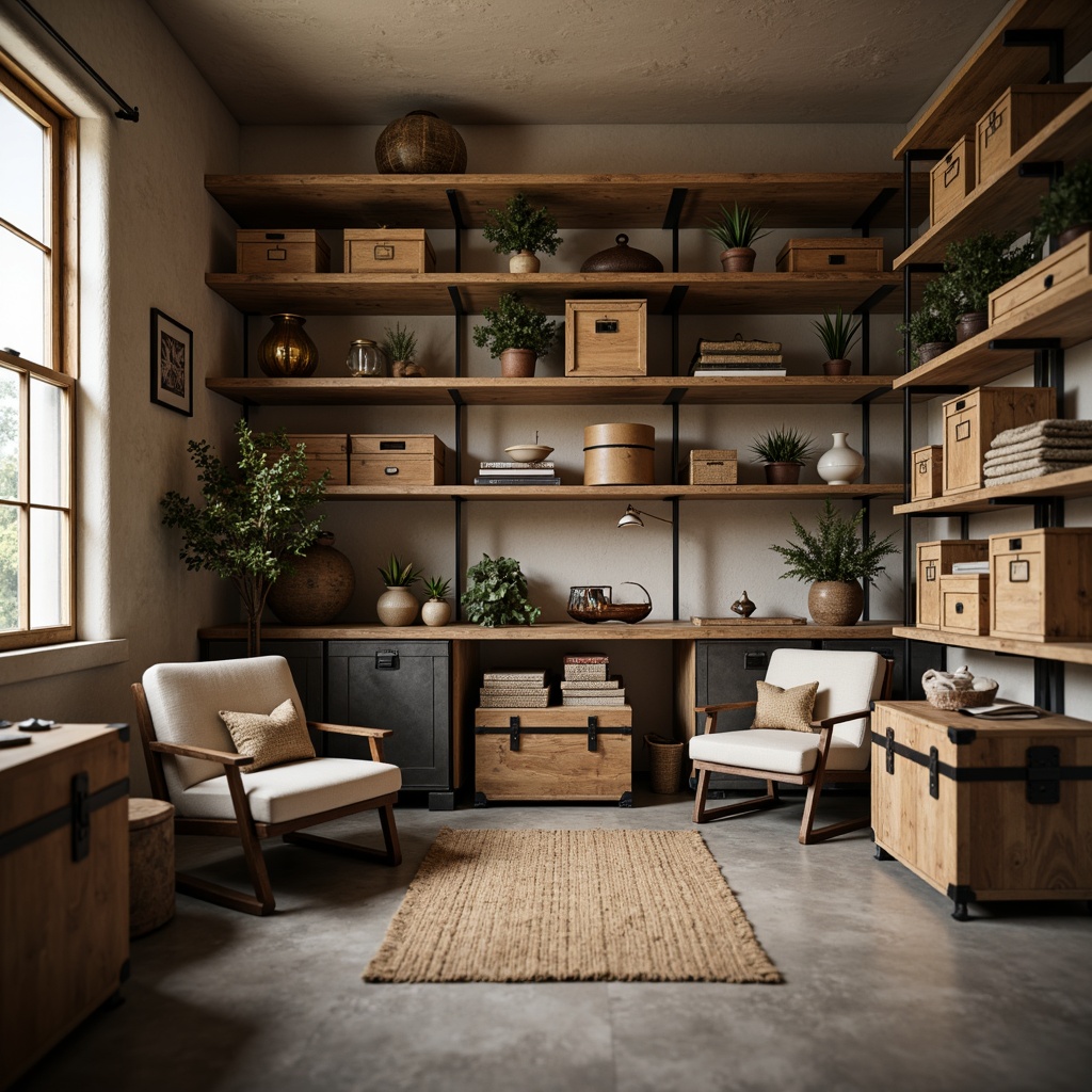 Prompt: Cozy storage room, industrial shelving units, metal cabinets, wooden crates, vintage trunks, earthy tones, warm beige walls, soft gray floors, rich wood accents, rustic metal hardware, natural textiles, woven baskets, ambient warm lighting, shallow depth of field, 1/1 composition, realistic textures, subtle shadows.