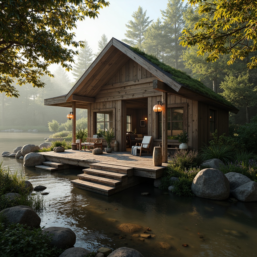 Prompt: Rustic boathouse, weathered wooden planks, distressed finishes, natural stone foundations, moss-covered roofs, vintage nautical decorations, fishing nets, lanterns, woven textiles, earthy color palette, warm golden lighting, shallow depth of field, 1/1 composition, realistic textures, ambient occlusion, serene lake surroundings, lush greenery, overhanging trees, misty morning atmosphere.