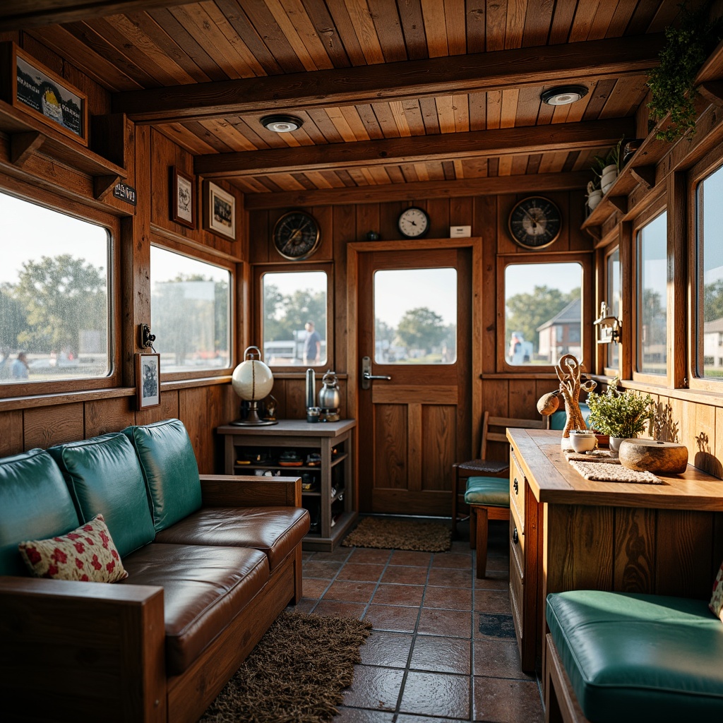 Prompt: Cozy boathouse interior, rustic wooden walls, weathered dockside planks, nautical ropes, vintage marine instruments, distressed leather upholstery, rich turquoise accents, warm golden lighting, shallow depth of field, 1/2 composition, intimate atmosphere, realistic wood textures, ambient occlusion, natural stone flooring, woven sea grass mats, porthole windows, soft cushions, fishing nets, nostalgic decorative items.