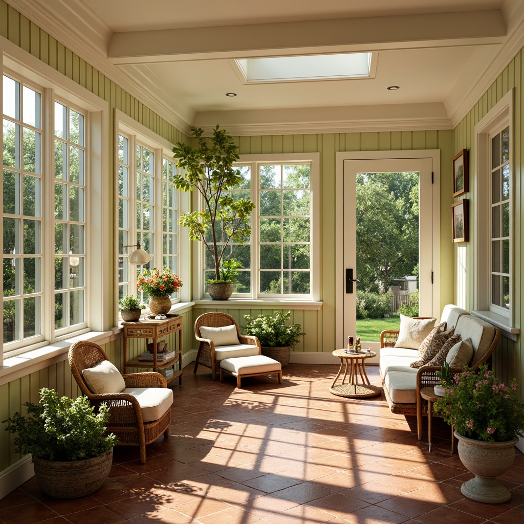 Prompt: Vibrant sunroom, bright natural light, warm beige walls, creamy white trim, soft sage green accents, earthy terracotta floors, lush greenery, blooming flowers, comfortable wicker furniture, plush cushions, natural textiles, warm wood tones, inviting atmosphere, cozy reading nook, serene ambiance, gentle morning sunlight, soft warm lighting, 1/1 composition, realistic textures, ambient occlusion.