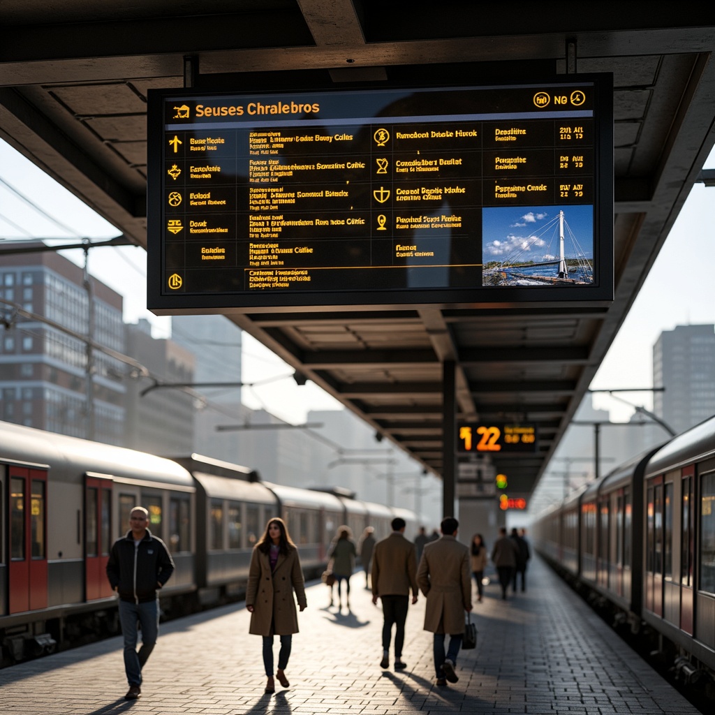 Prompt: Bustling train station, modern signage system, clear wayfinding, bold font displays, vibrant color scheme, stainless steel frames, glass panels, LED backlighting, dynamic digital screens, real-time information display, intuitive navigation, pedestrian-friendly infrastructure, high-traffic area, efficient crowd management, natural stone flooring, industrial-chic architecture, urban landscape, morning commute atmosphere, soft warm lighting, shallow depth of field, 1/1 composition, panoramic view, realistic textures.