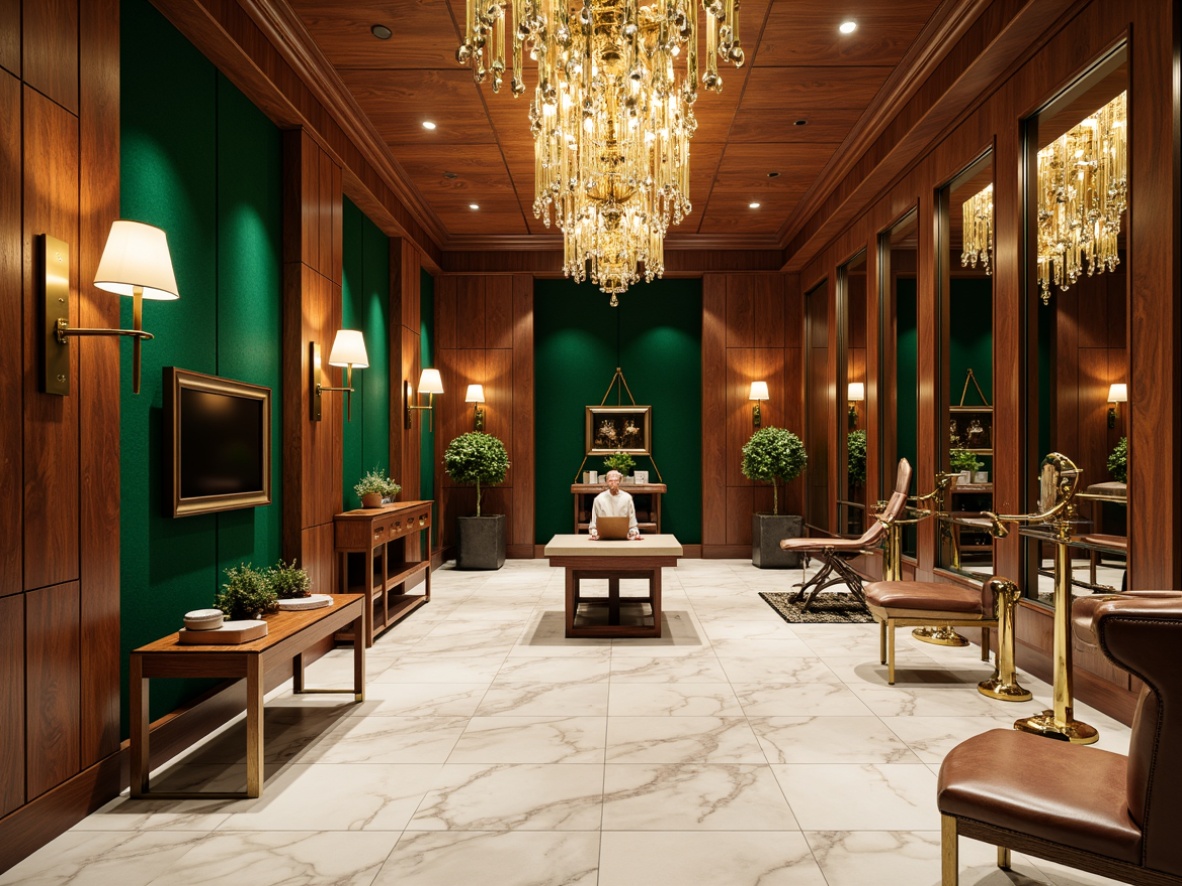 Prompt: Luxurious Art Deco home gym, rich walnut wood accents, metallic bronze hardware, opulent emerald green walls, creamy white marble floors, bold geometric patterns, ornate metalwork details, vintage-inspired fitness equipment, leather-bound weights, velvet-roped mirrors, lavish chandeliers, warm golden lighting, shallow depth of field, 1/1 composition, realistic textures, ambient occlusion.