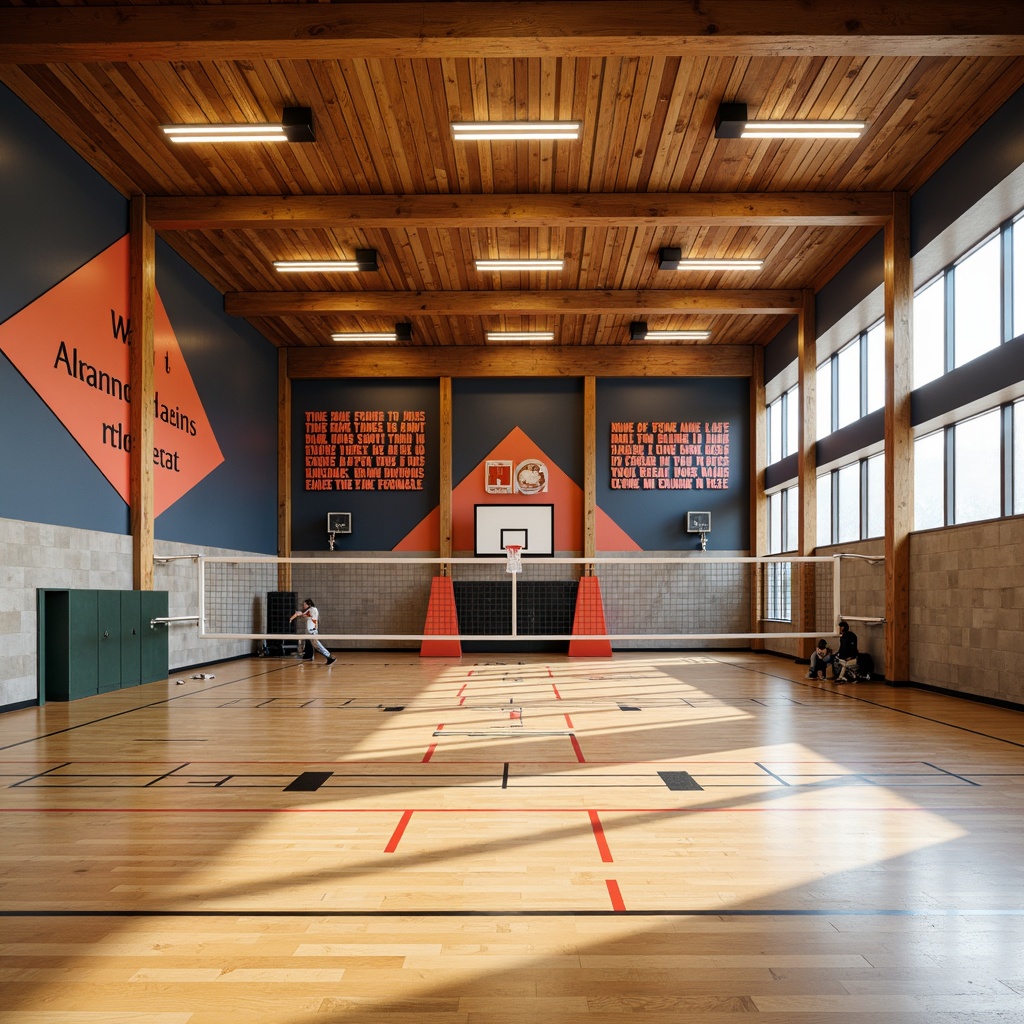 Prompt: Modern gymnasium interior, high ceilings, wooden flooring, sports equipment, basketball hoops, volleyball nets, sound-absorbing panels, acoustic diffusers, resonant frequency control, echo-reducing materials, reverberation time management, clear vocal clarity, minimal sound reflections, optimal sound pressure levels, immersive audio experience, energetic atmosphere, warm color scheme, dynamic lighting, athletic-inspired decor, motivational quotes, panoramic view, realistic textures, ambient occlusion.