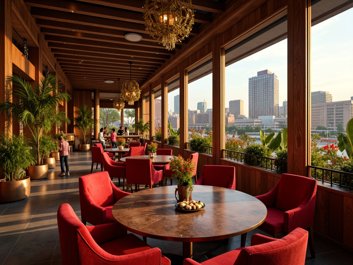 Prompt: Vibrant dining area, bold red accents, warm golden lighting, rich wood tones, luxurious velvet fabrics, metallic copper details, eclectic art pieces, lively greenery, tropical plants, exotic flowers, bustling cityscape, afternoon sunlight, shallow depth of field, 1/1 composition, soft focus, cinematic colors.