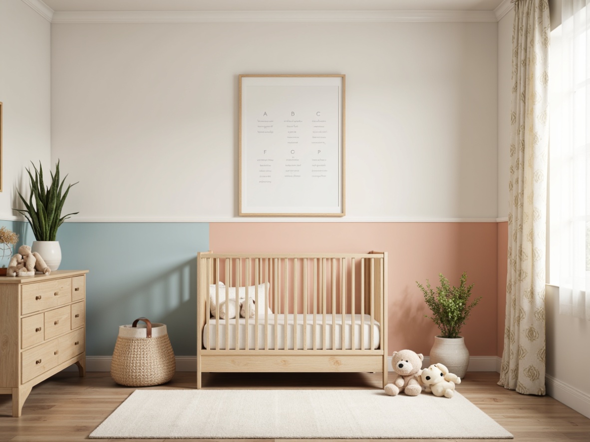 Prompt: Soft cream walls, gentle peach accents, calming pale blue tones, warm beige furniture, natural wood textures, minimalist crib design, soft toy storage bins, plush area rug, subtle patterned curtains, creamy white nursery rhyme decals, serene ambient lighting, shallow depth of field, 1/1 composition, realistic fabric textures, ambient occlusion.Let me know if you need any adjustments!