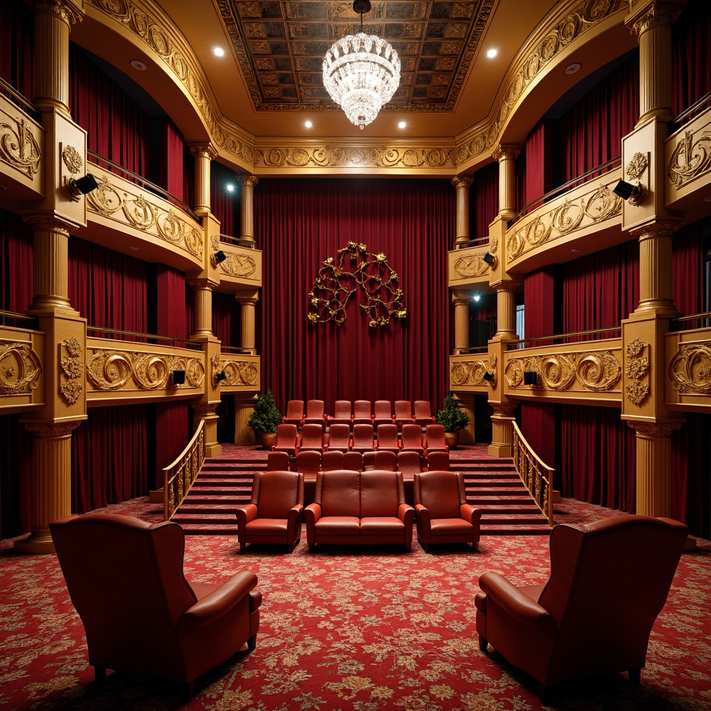 Prompt: Luxurious cinema interior, rich velvet curtains, ornate golden balconies, crimson red carpeting, intricately patterned rugs, plush Victorian-style armchairs, soft cushioning, wooden decorative panels, crystal chandeliers, warm ambient lighting, dramatic spotlights, elegant staircases, opulent drapery, refined ornateness, lavish furnishings, sophisticated seating arrangement, comfortable viewing experience, 3/4 composition, shallow depth of field, cinematic ambiance.