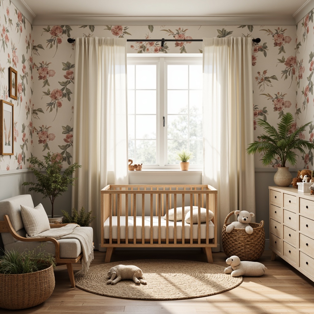 Prompt: Whimsical baby nursery, soft pastel colors, delicate florals, wooden crib, plush toys, vintage-inspired wallpaper, distressed wood furniture, natural textiles, woven baskets, macrame details, creamy white curtains, warm golden lighting, shallow depth of field, 1/1 composition, intimate atmosphere, subtle patterns, earthy tones, organic shapes, handmade decorations.