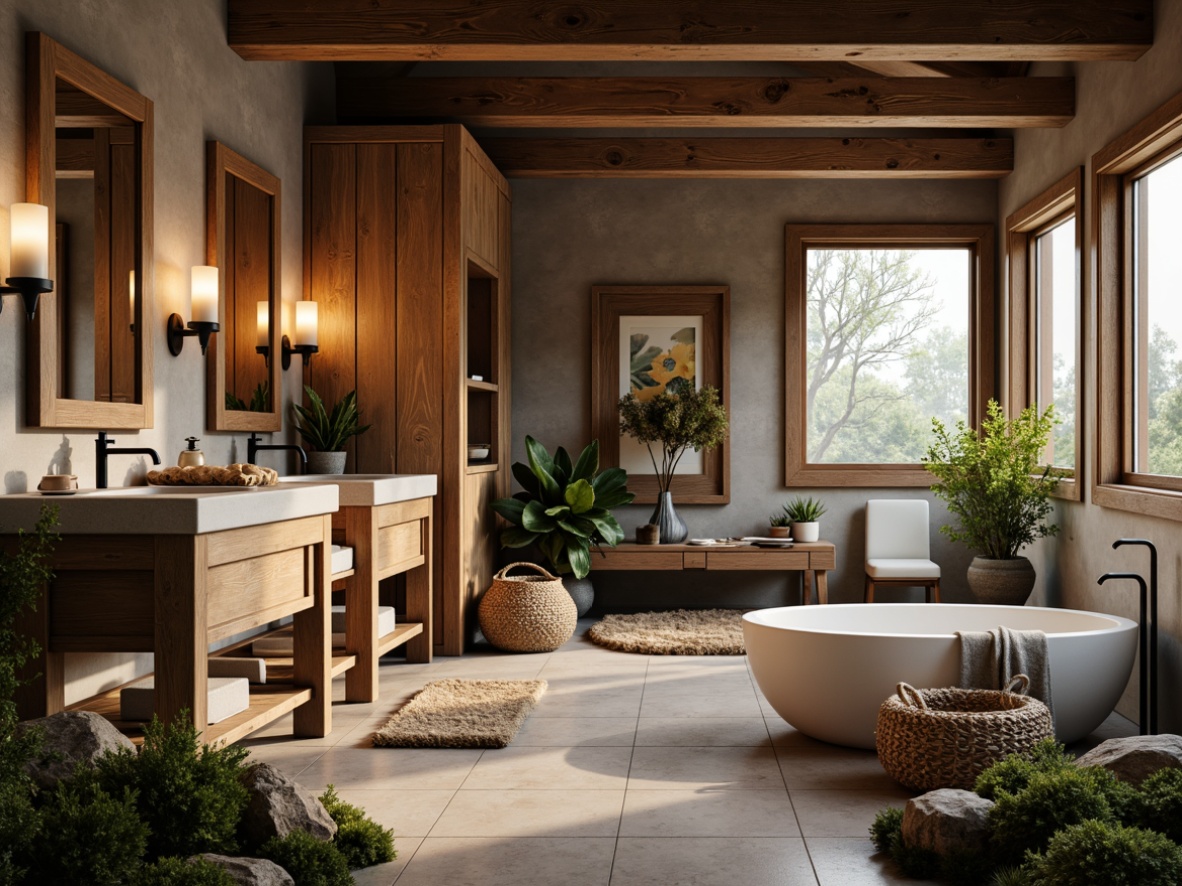 Prompt: Rustic bathroom, wooden accents, distressed wood cabinets, earthy tones, natural stone walls, wooden beams, vaulted ceilings, candle lighting, soft warm glow, freestanding tubs, nature-inspired accessories, woven baskets, linen textiles, botanical prints, moss-covered stones, water feature sounds, gentle misting, 1/1 composition, shallow depth of field, realistic wood textures.