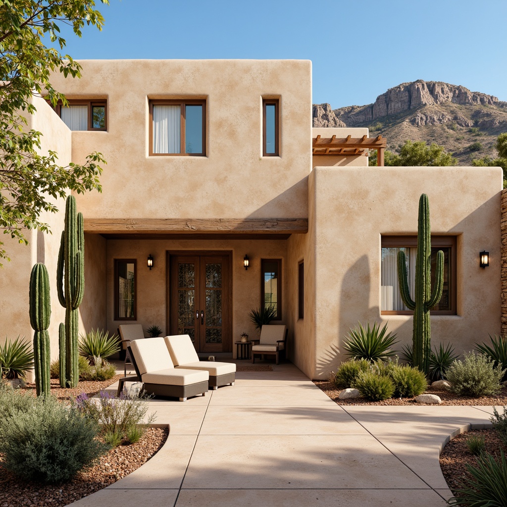 Prompt: Earthy adobe walls, distressed finishes, natural stone accents, rustic wooden doors, ornate metalwork, vibrant turquoise hues, warm beige tones, desert botanicals, cacti silhouettes, sun-baked landscapes, clear blue skies, soft warm lighting, shallow depth of field, 3/4 composition, panoramic view, realistic textures, ambient occlusion.