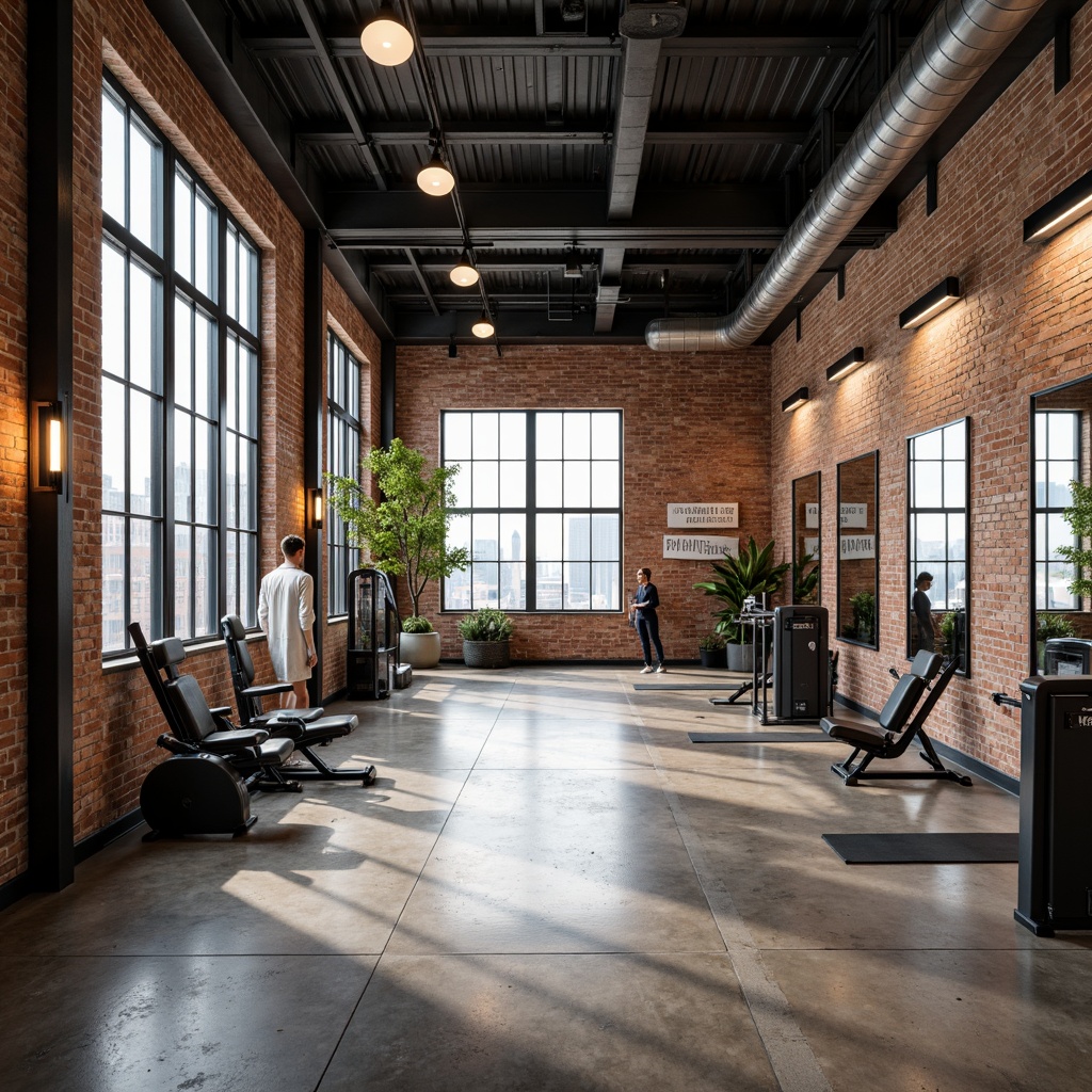 Prompt: Industrial-chic fitness studio, exposed brick walls, polished concrete floors, minimalist decor, floor-to-ceiling windows, natural daylight, urban cityscape views, sleek modern equipment, free weights, cardio machines, yoga mats, mirrored walls, motivational quotes, reclaimed wood accents, metallic lighting fixtures, high ceilings, open layout, airy atmosphere, soft warm lighting, shallow depth of field, 3/4 composition, realistic textures, ambient occlusion.