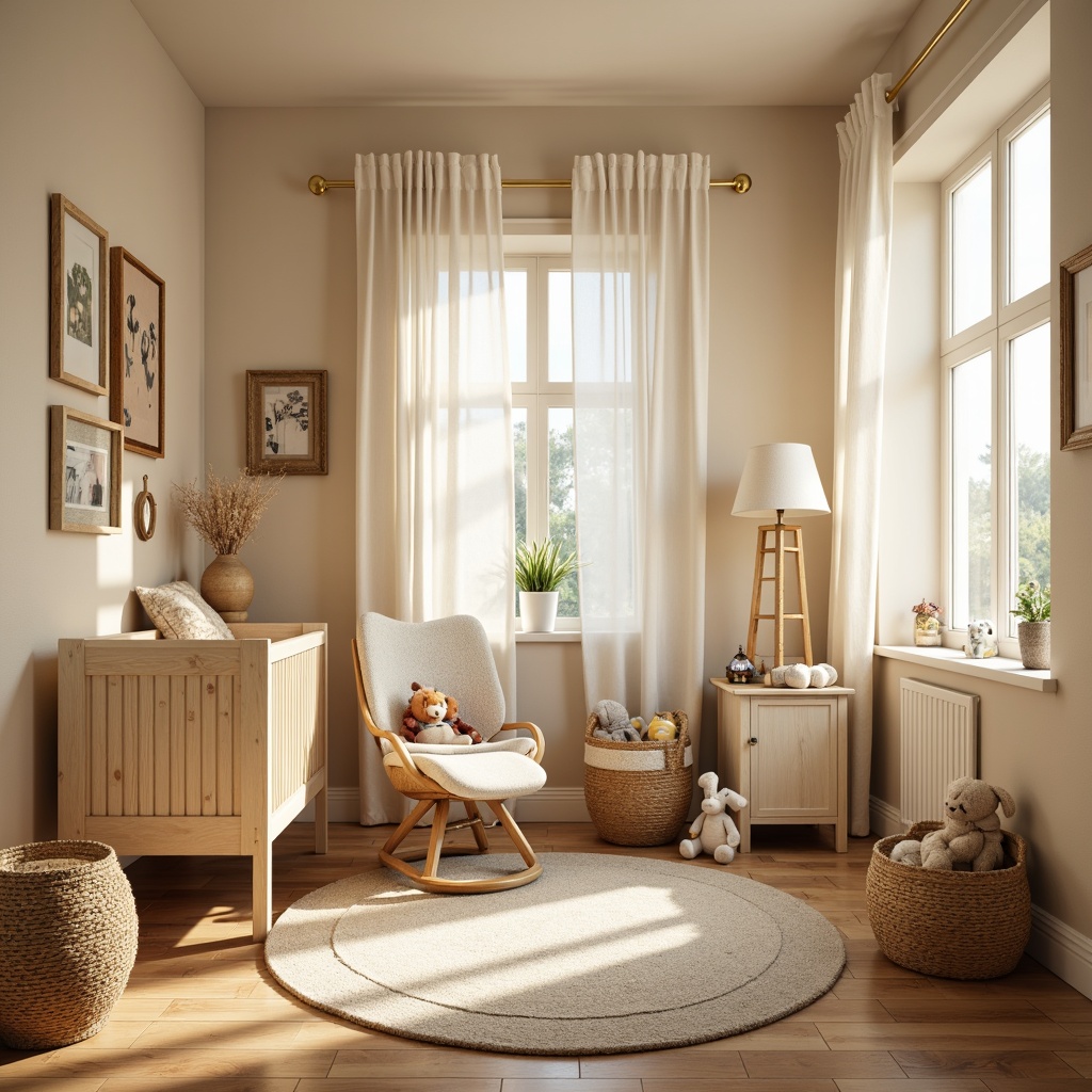 Prompt: Cozy baby room, warm beige walls, soft cream furniture, plush toys, wooden crib, gentle pastel colors, warm white lighting, table lamps, floor lamps, sheer curtains, natural textiles, woven baskets, vintage decorative items, distressed wood accents, whimsical nursery rhymes, gentle morning light, warm afternoon sunbeams, cozy reading nook, 1/1 composition, soft focus, warm color temperature, relaxed atmosphere.