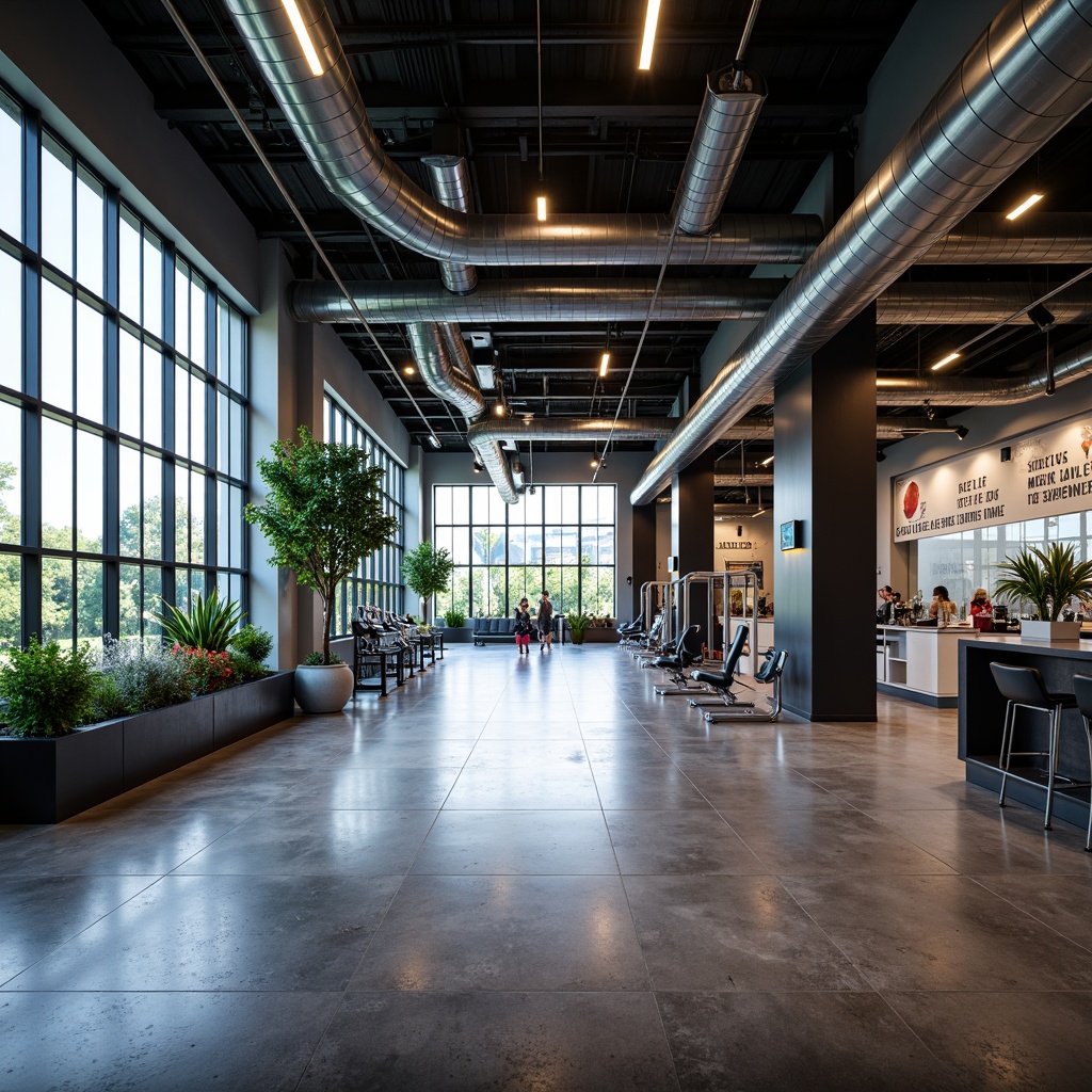 Prompt: Modern fitness club interior, large windows, abundant natural light, reflective flooring, minimal obstruction, high ceilings, industrial chic decor, exposed ductwork, metallic accents, sleek equipment, mirrored walls, motivational quotes, vibrant color scheme, dynamic lighting, shallow depth of field, 1/1 composition, realistic textures, ambient occlusion.